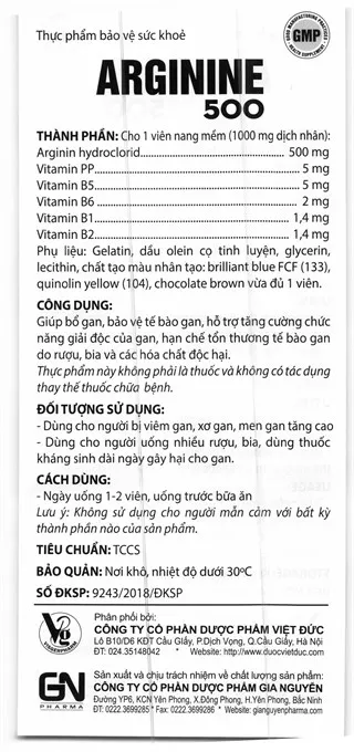 Arginine 500 bổ gan, hỗ trợ bảo vệ tế bào gan hộp 60 viên 6