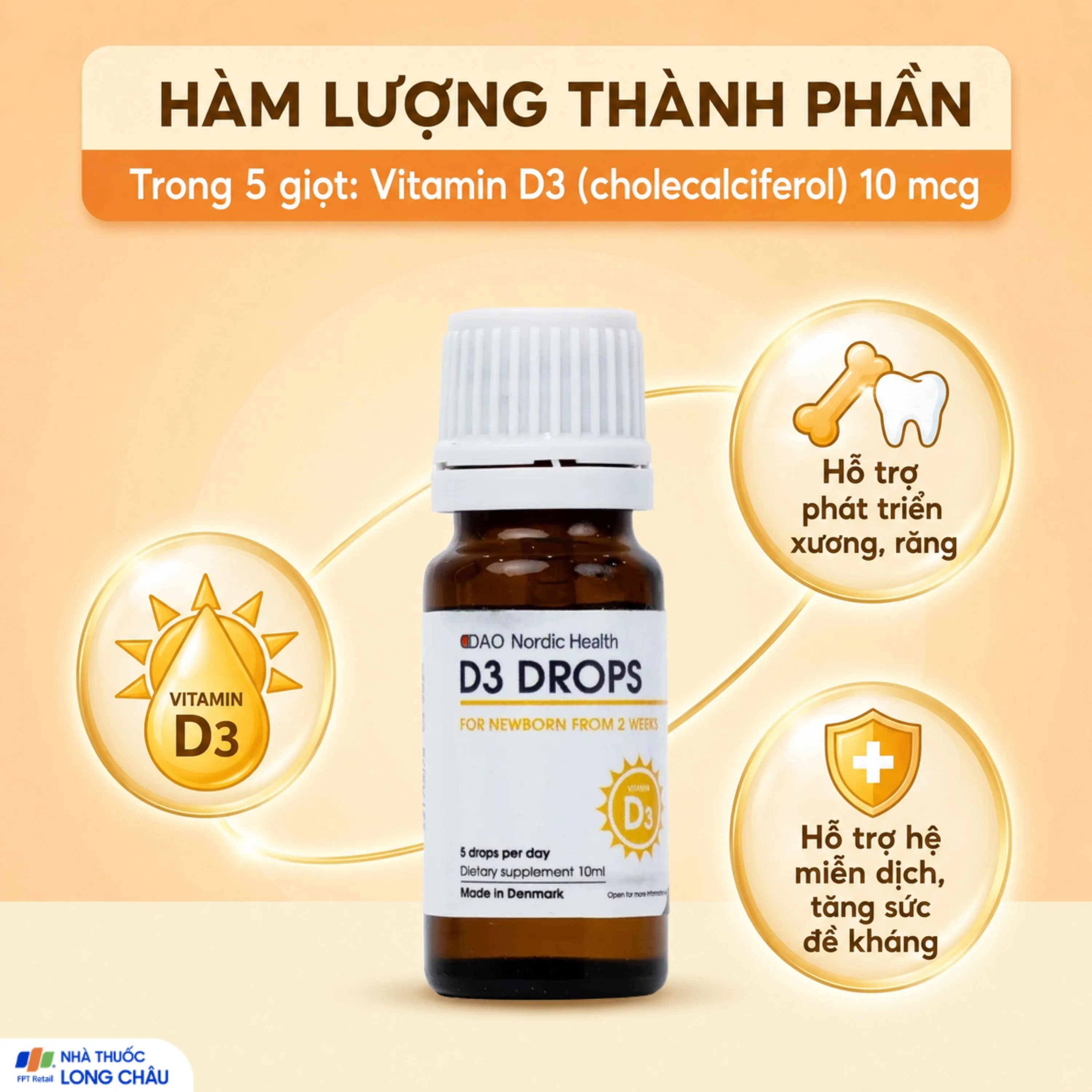 BỔ SUNG VITAMIN D3 HỖ TRỢ XƯƠNG, RĂNG D3 DROPS DAO NORDIC HEALTH 10ML 3
