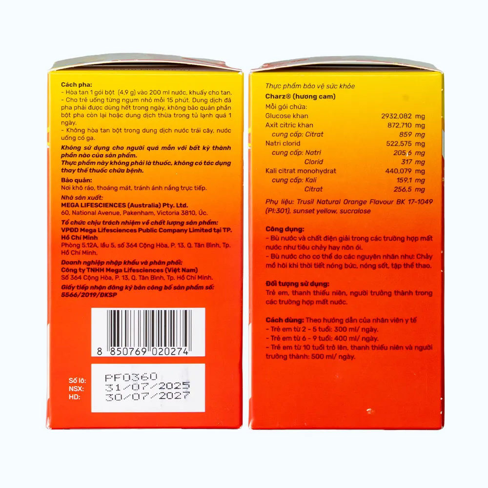 Bột Charz (hương cam) (Hộp 30 gói) giúp bù nước và chất điện giải 6