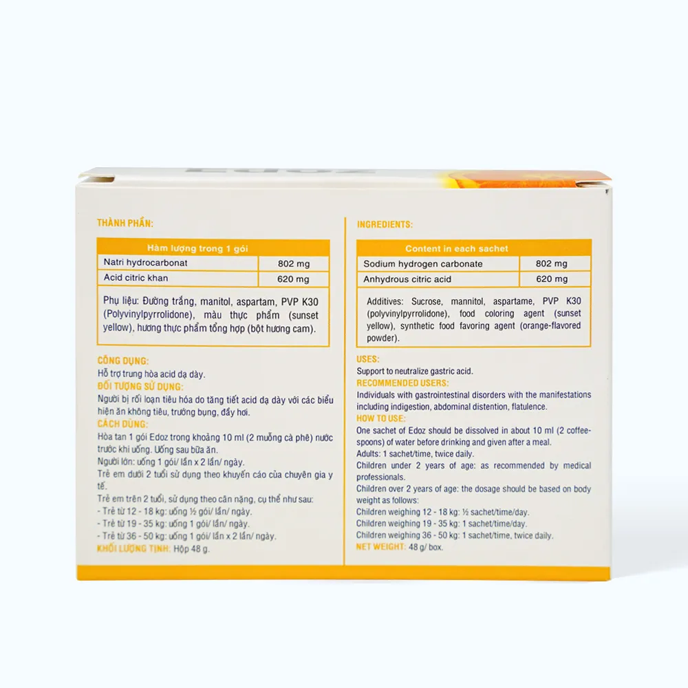 Bột sủi dạ dày Edoz (Hộp 24 gói x 2g) giúp hỗ trợ trung hòa acid dạ dày 3