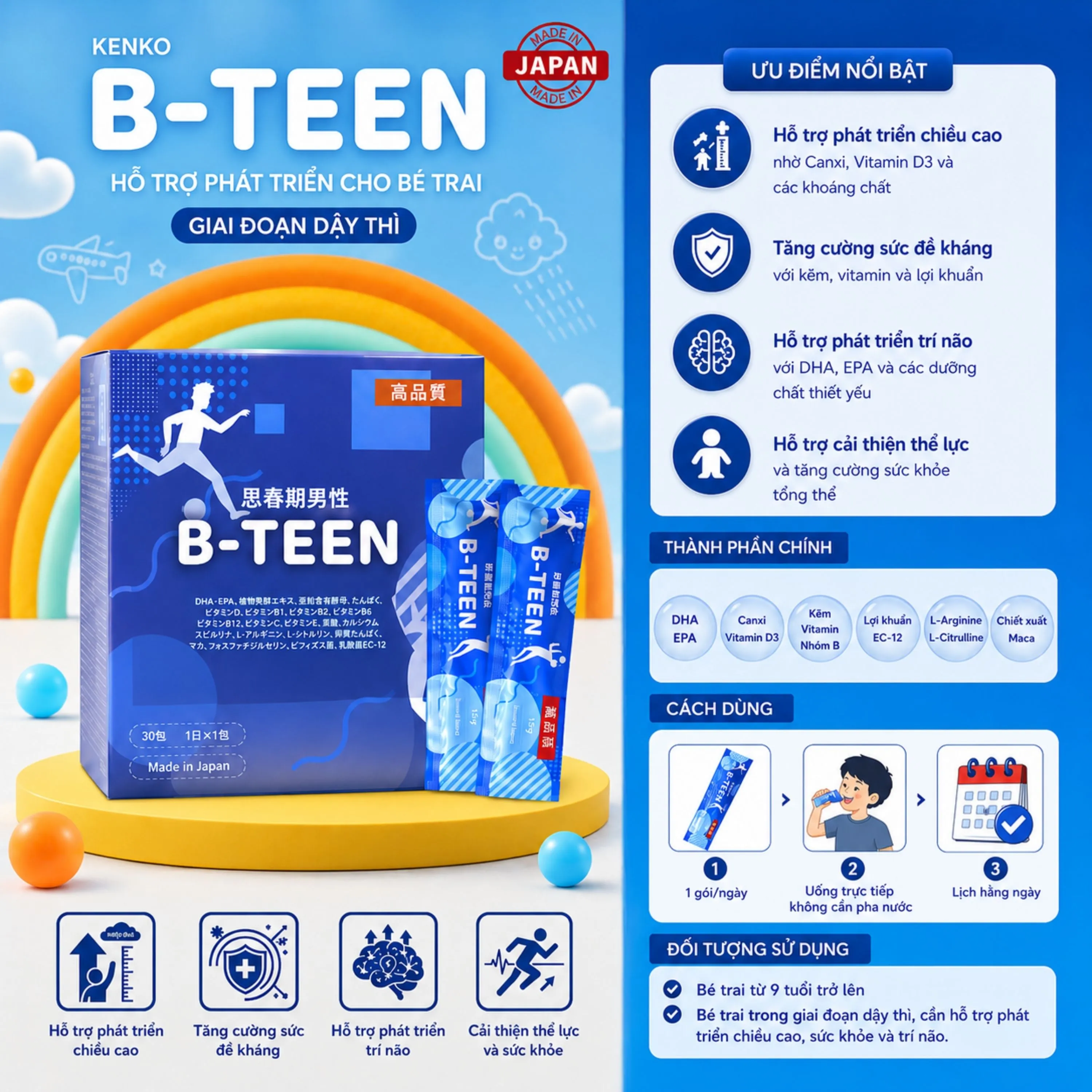 B-TEEN KENKO HỖ TRỢ PHÁT TRIỂN CHO BÉ TRAI GIAI ĐOẠN DẬY THÌ 30 GÓI X 15G 2