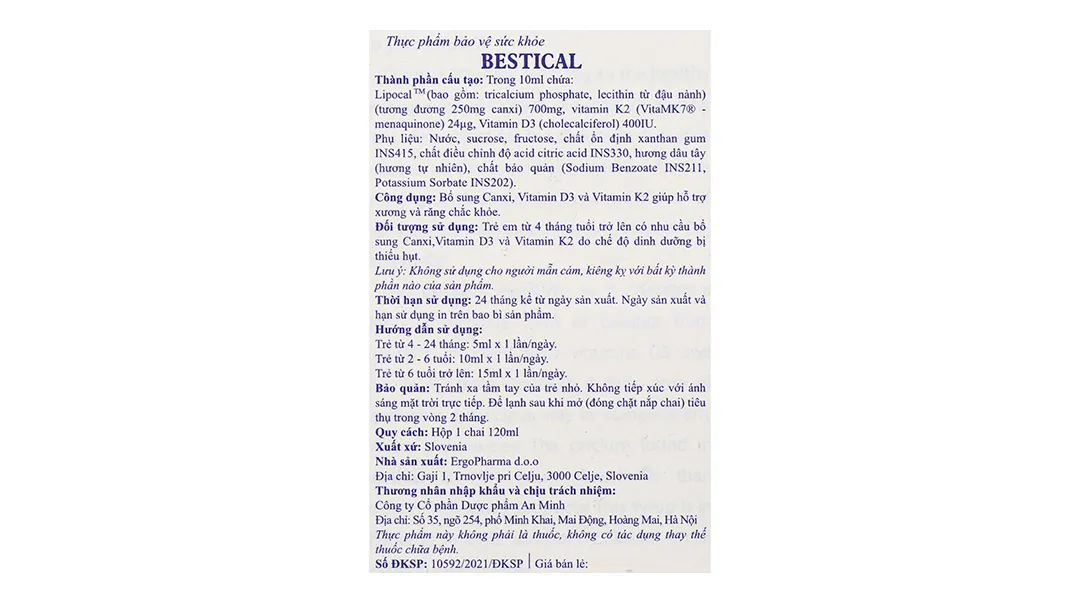 Bestical bổ sung canxi; hỗ trợ xương, răng chắc khỏe chai 120 ml 20