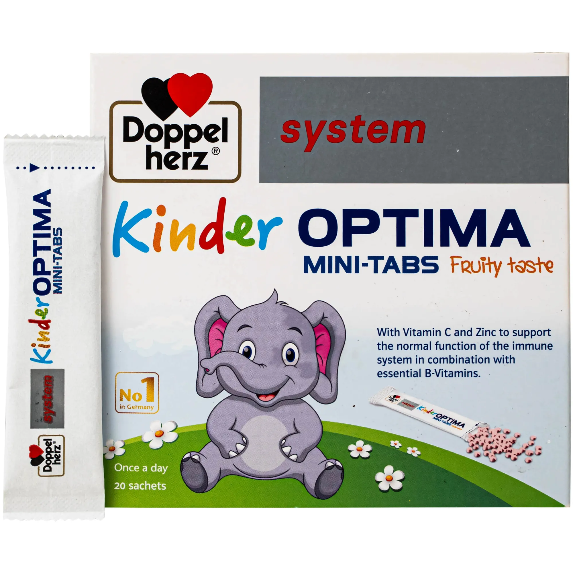 CỐM BỔ SUNG CÁC VITAMIN, GIÚP TĂNG SỨC ĐỀ KHÁNG CHO TRẺ DOPPELHERZ AKTIV KINDER OPTIMA MINI-TABS 20 GÓI
