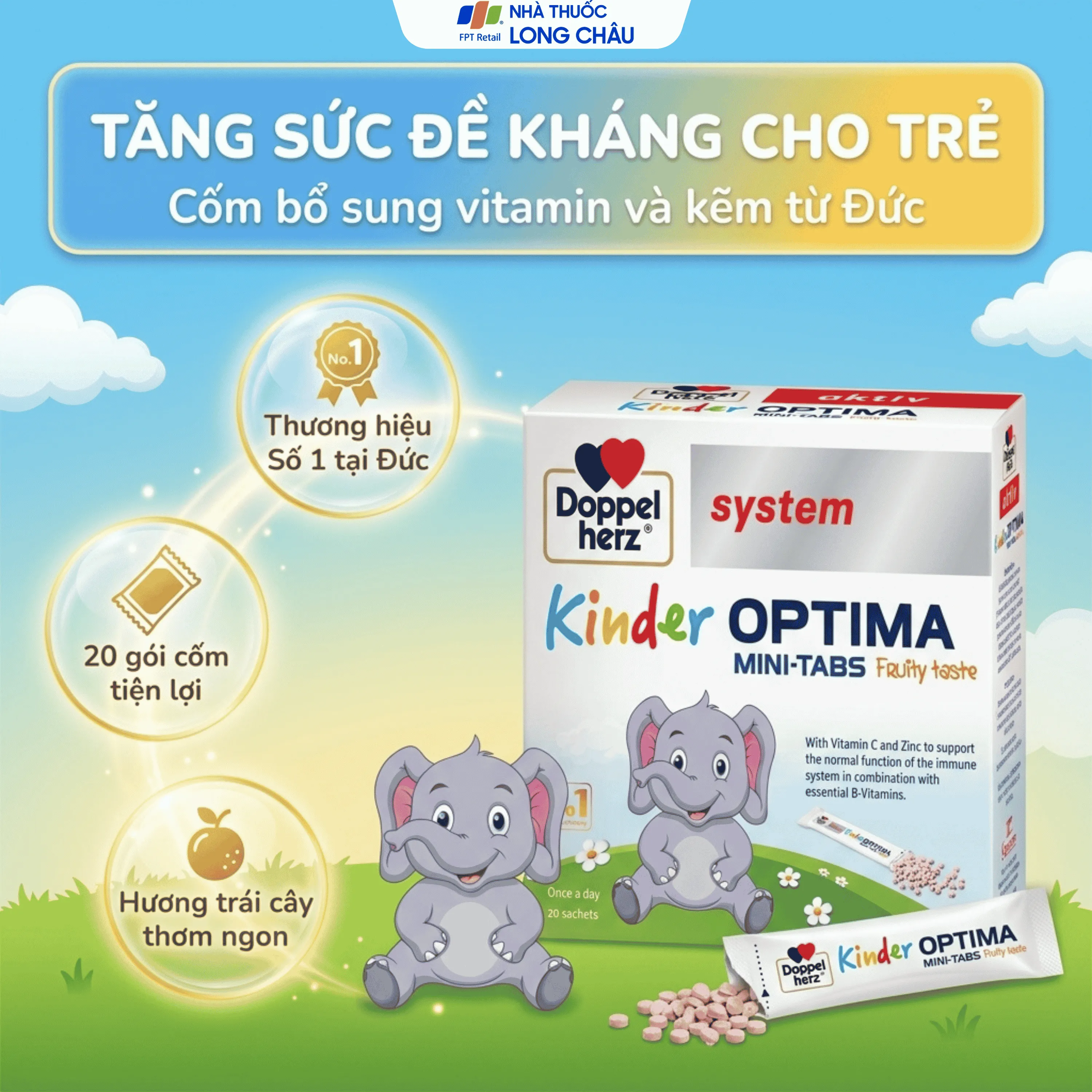 CỐM BỔ SUNG CÁC VITAMIN, GIÚP TĂNG SỨC ĐỀ KHÁNG CHO TRẺ DOPPELHERZ AKTIV KINDER OPTIMA MINI-TABS 20 GÓI 2