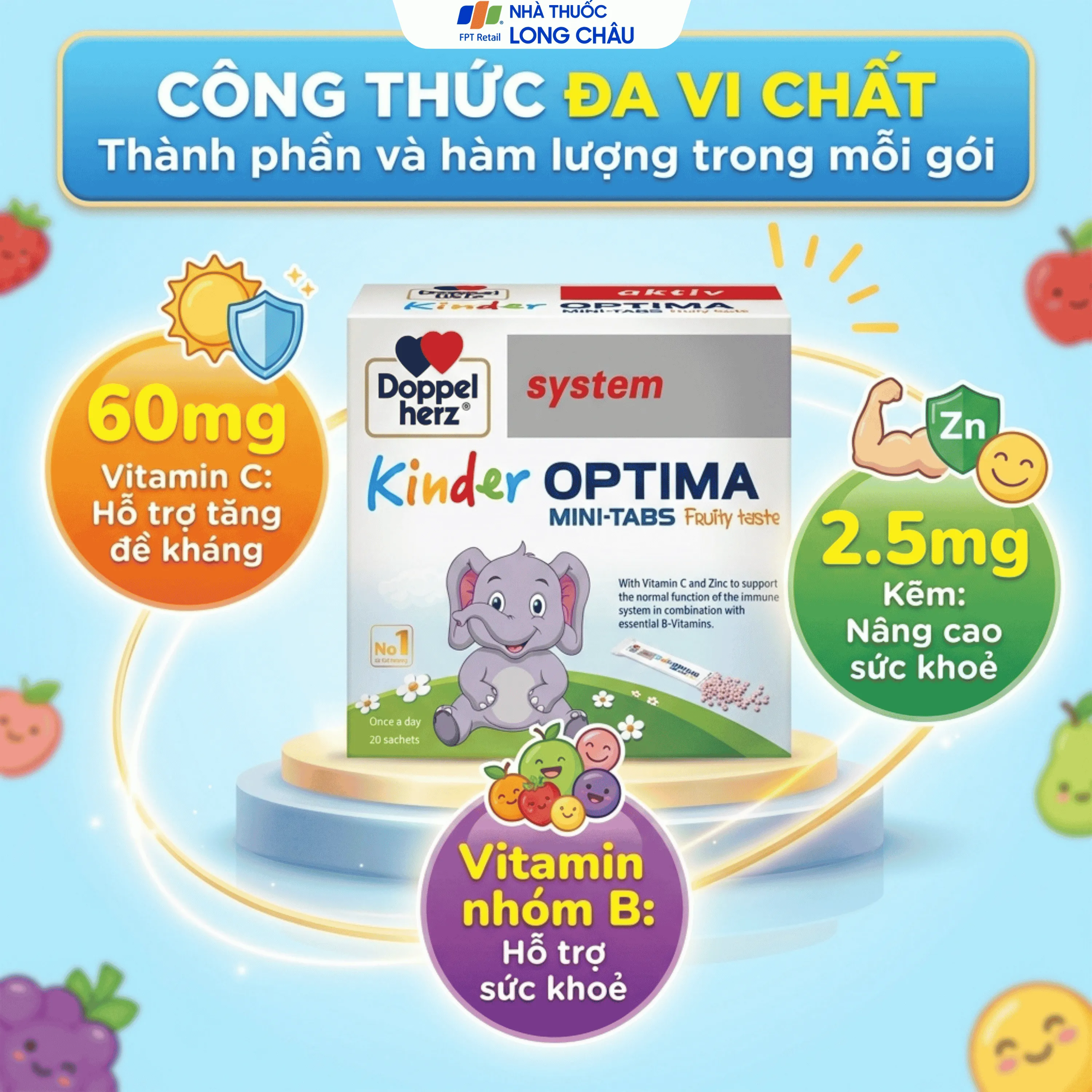 CỐM BỔ SUNG CÁC VITAMIN, GIÚP TĂNG SỨC ĐỀ KHÁNG CHO TRẺ DOPPELHERZ AKTIV KINDER OPTIMA MINI-TABS 20 GÓI 3