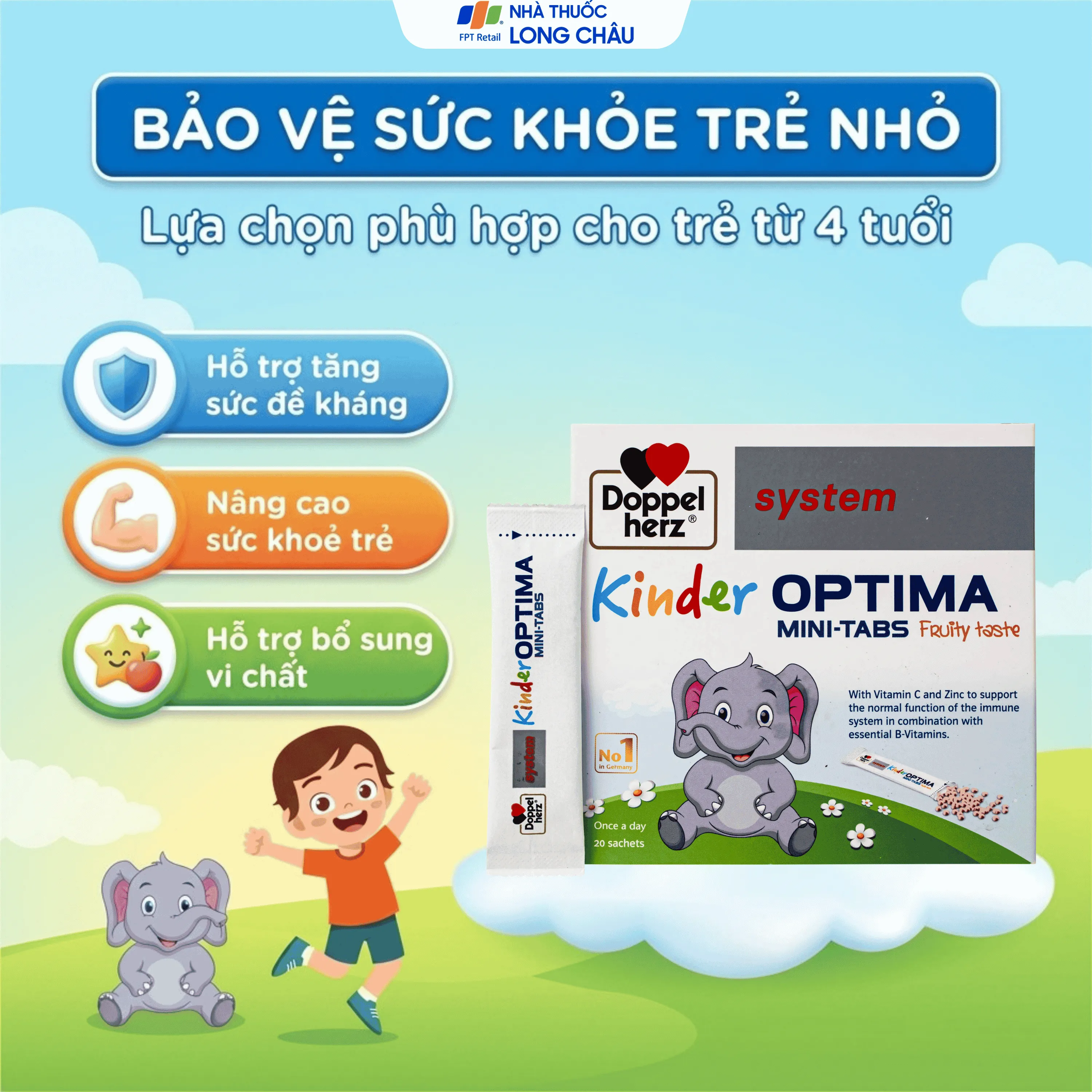 CỐM BỔ SUNG CÁC VITAMIN, GIÚP TĂNG SỨC ĐỀ KHÁNG CHO TRẺ DOPPELHERZ AKTIV KINDER OPTIMA MINI-TABS 20 GÓI 4