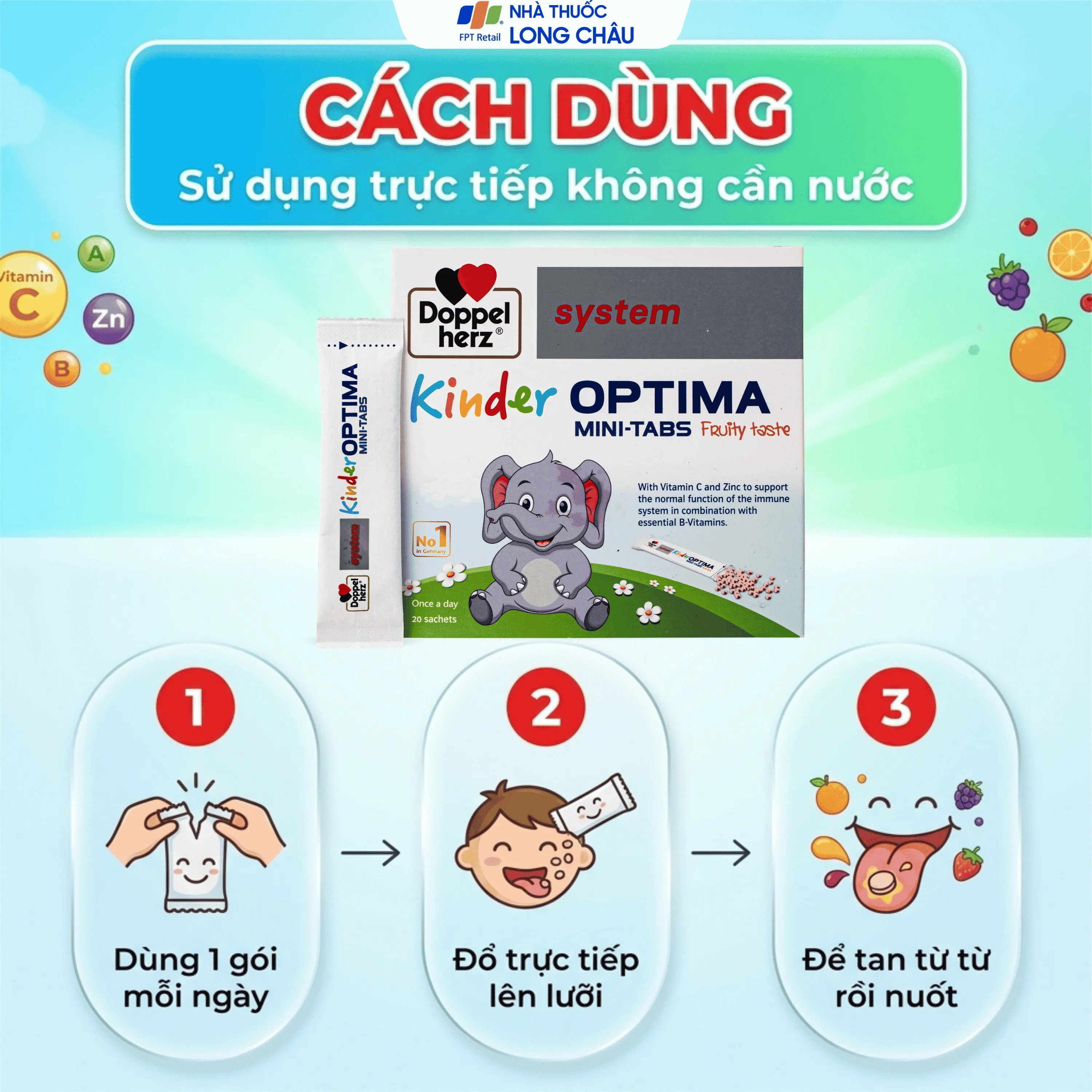 CỐM BỔ SUNG CÁC VITAMIN, GIÚP TĂNG SỨC ĐỀ KHÁNG CHO TRẺ DOPPELHERZ AKTIV KINDER OPTIMA MINI-TABS 20 GÓI 5