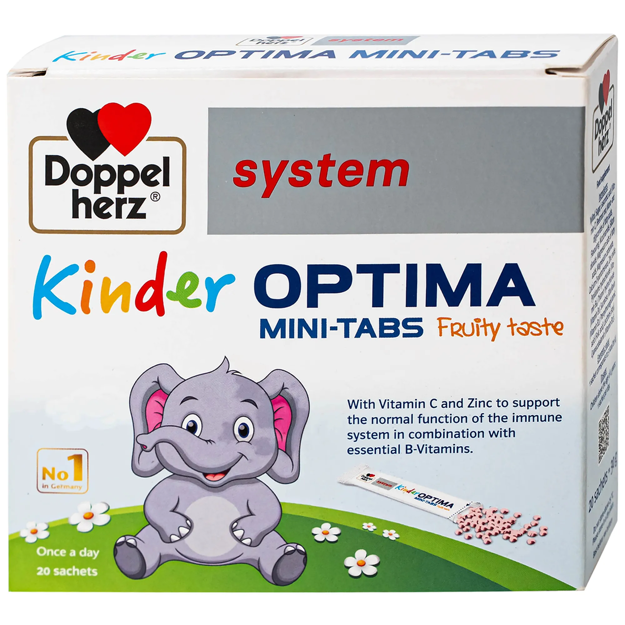 CỐM BỔ SUNG CÁC VITAMIN, GIÚP TĂNG SỨC ĐỀ KHÁNG CHO TRẺ DOPPELHERZ AKTIV KINDER OPTIMA MINI-TABS 20 GÓI 6