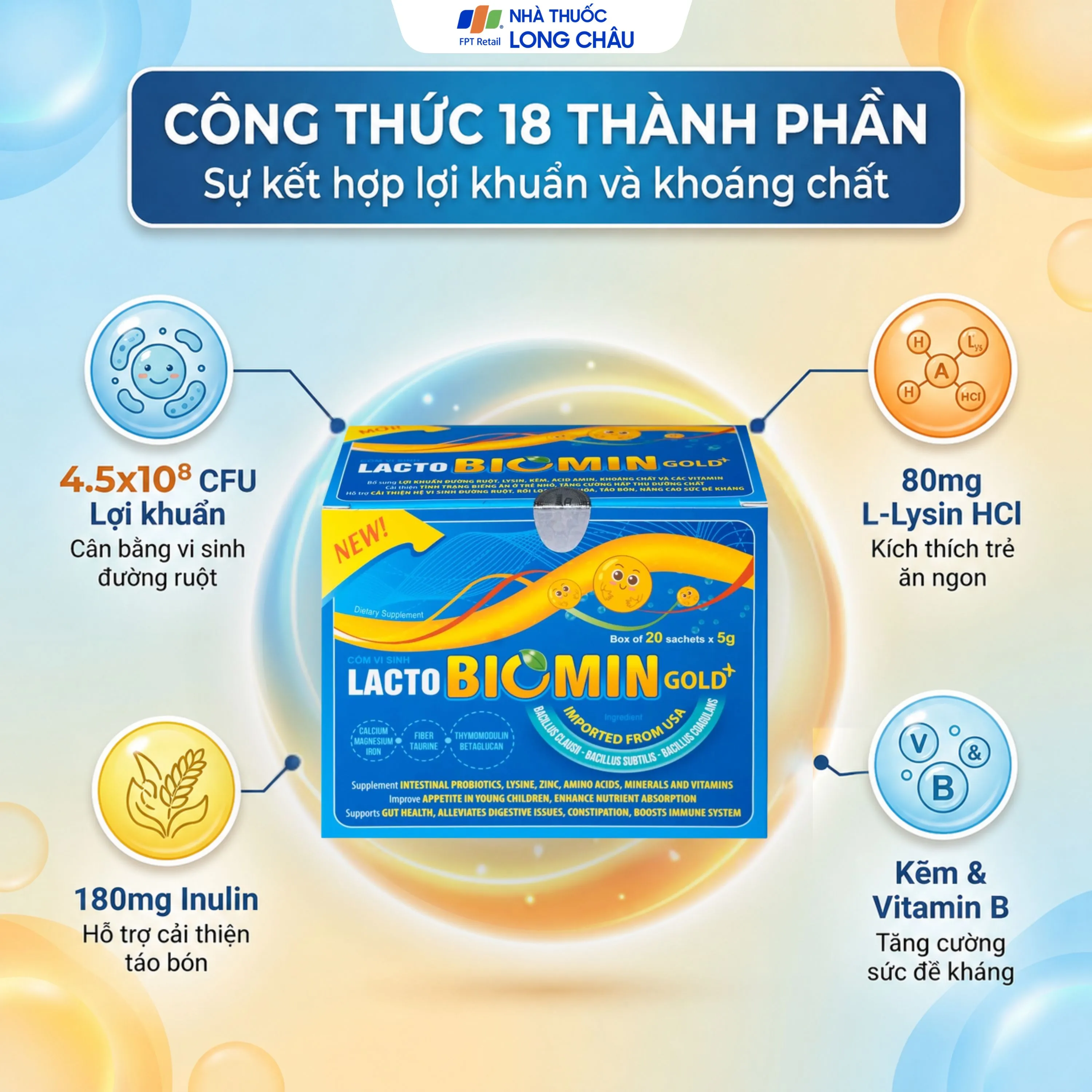 CỐM VI SINH BỔ SUNG LỢI KHUẨN ĐƯỜNG RUỘT LACTO BIOMIN GOLD+ NEW HDPHARMA 20 GÓI X 5G 4