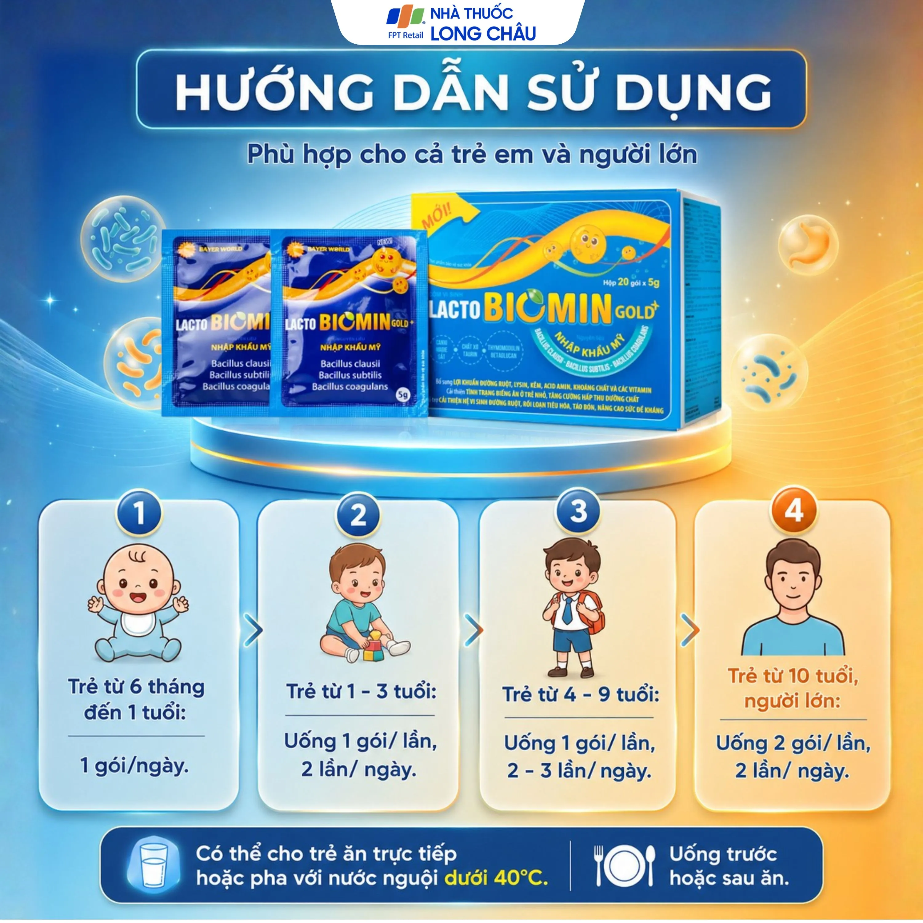 CỐM VI SINH BỔ SUNG LỢI KHUẨN ĐƯỜNG RUỘT LACTO BIOMIN GOLD+ NEW HDPHARMA 20 GÓI X 5G 5