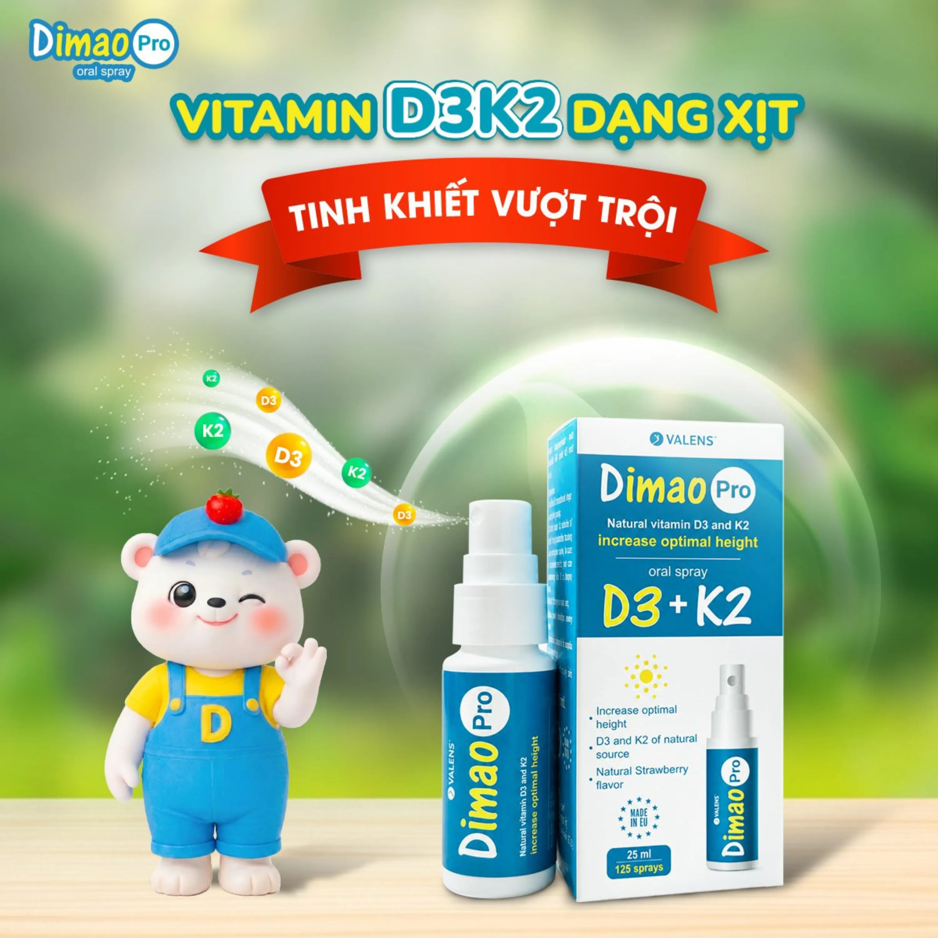 CHAI XỊT GIÚP TĂNG CƯỜNG HẤP THU CANXI DIMAO PRO ORAL SPRAY D3 + K2 VALENS 25ML 3