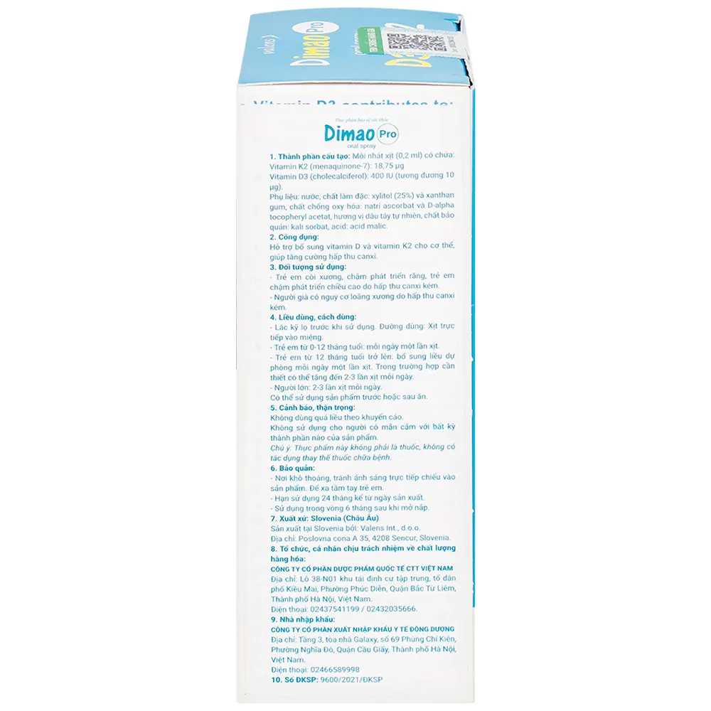 CHAI XỊT GIÚP TĂNG CƯỜNG HẤP THU CANXI DIMAO PRO ORAL SPRAY D3 + K2 VALENS 25ML 12