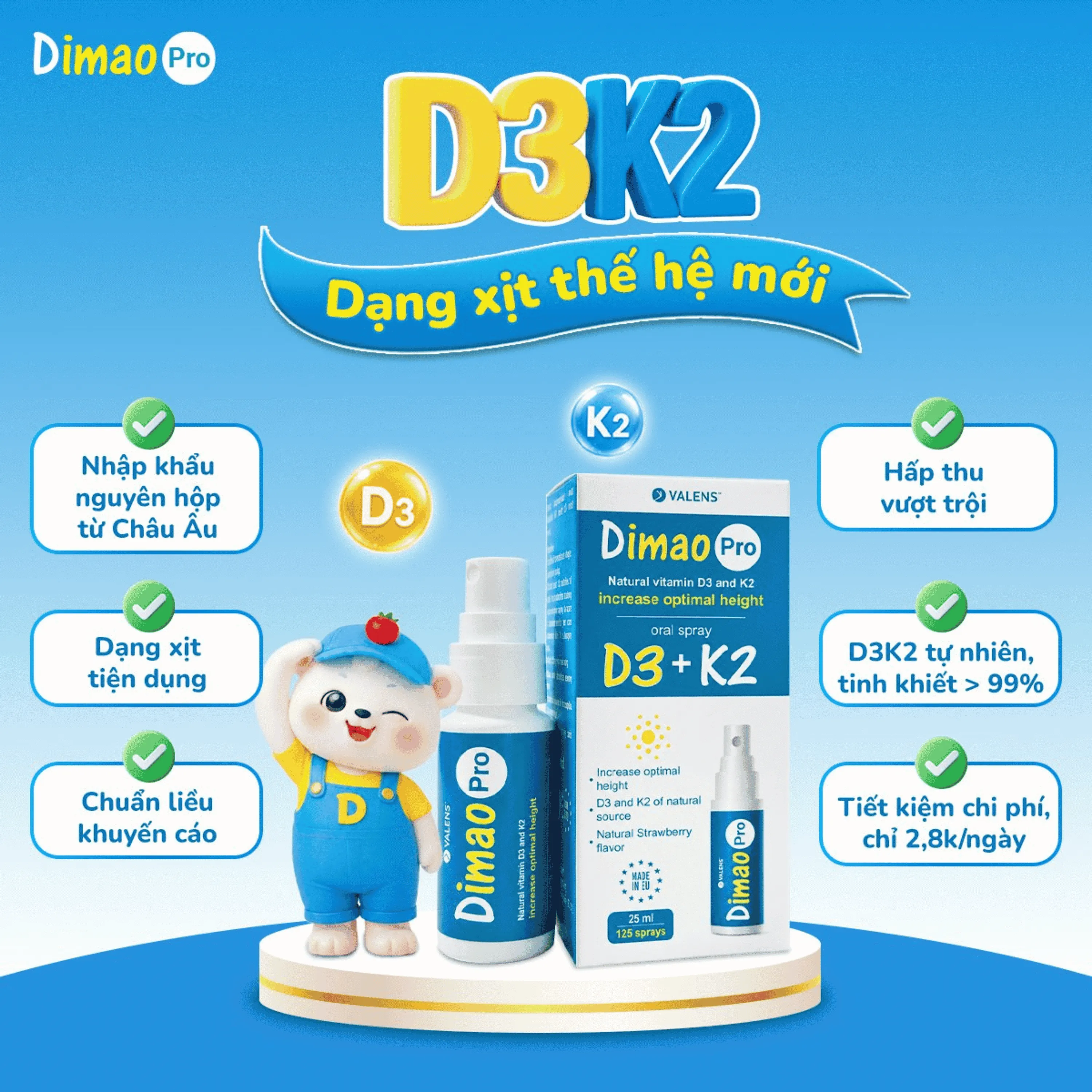 CHAI XỊT GIÚP TĂNG CƯỜNG HẤP THU CANXI DIMAO PRO ORAL SPRAY D3 + K2 VALENS 25ML 4