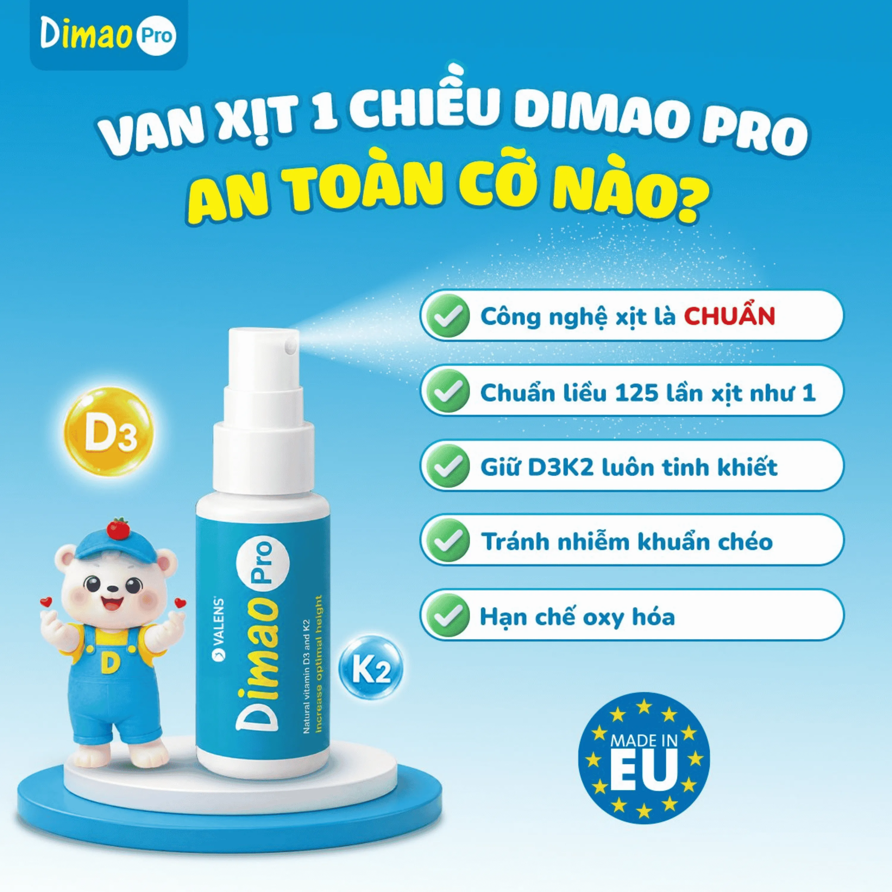 CHAI XỊT GIÚP TĂNG CƯỜNG HẤP THU CANXI DIMAO PRO ORAL SPRAY D3 + K2 VALENS 25ML 5