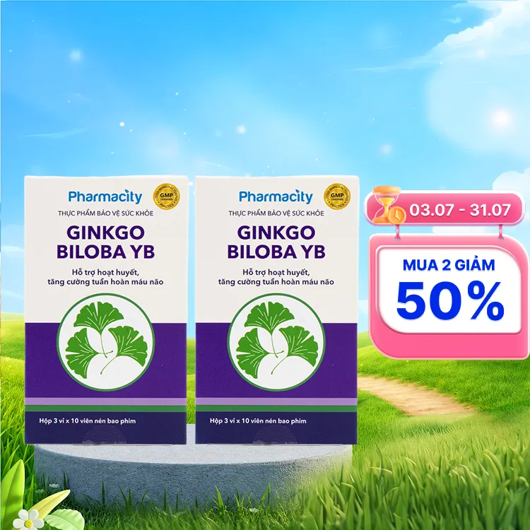 Combo 2 hộp Viên uống Pharmacity Ginkgo Biloba YB hỗ trợ hoạt huyết, tăng cường tuần hoàn máu não (Hộp 30 viên)