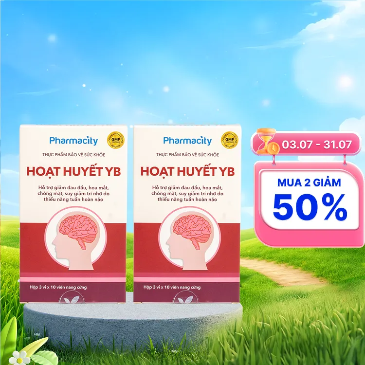 Combo 2 hộp Viên uống Pharmacity Hoạt Huyết YB hỗ trợ giảm đau đầu do thiểu năng tuần hoàn não (Hộp 30 viên)