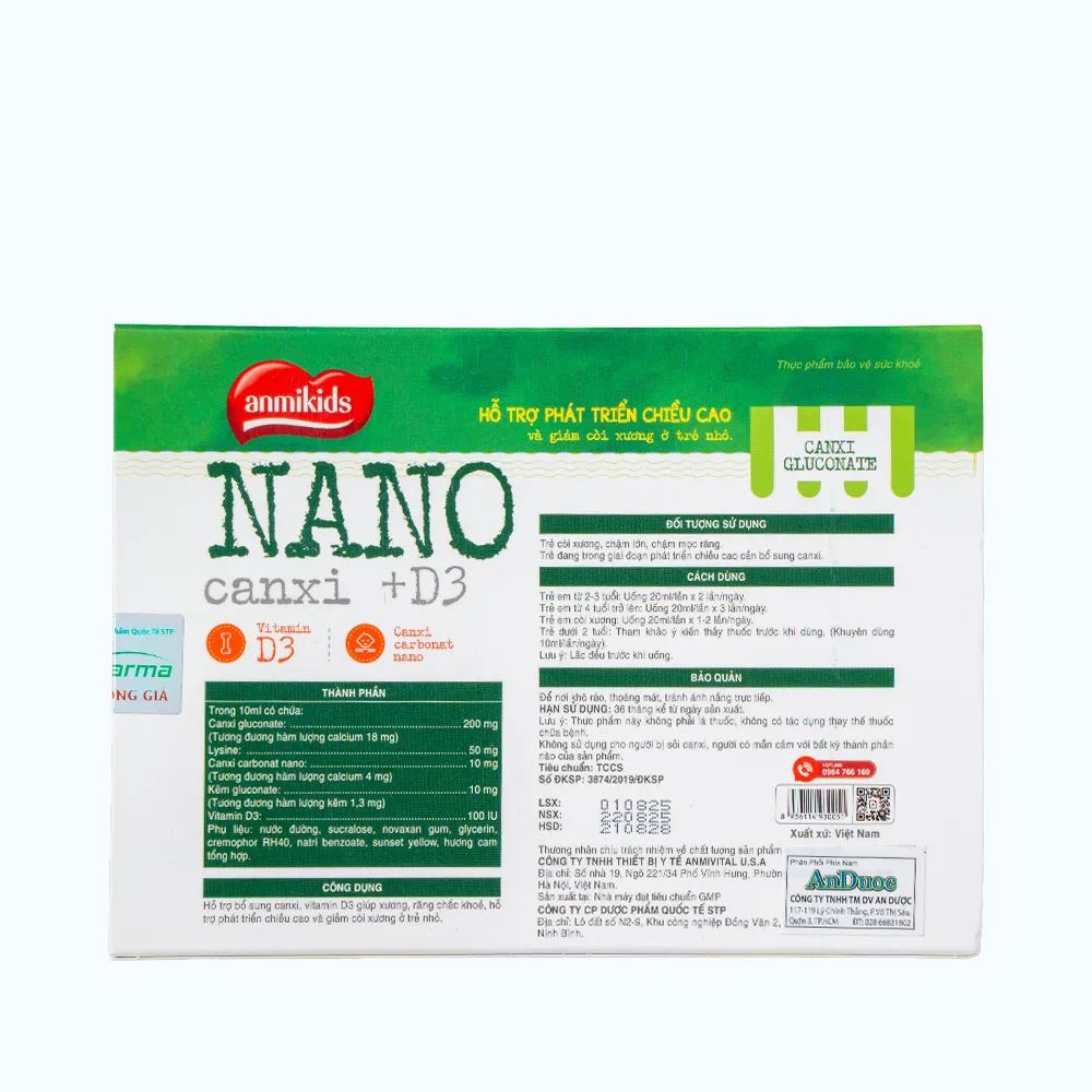 Dược Nam Anmikids Nano Canxi + D3 (hộp 20 ống) bổ sung canxi, vitamin D3 cho trẻ 5