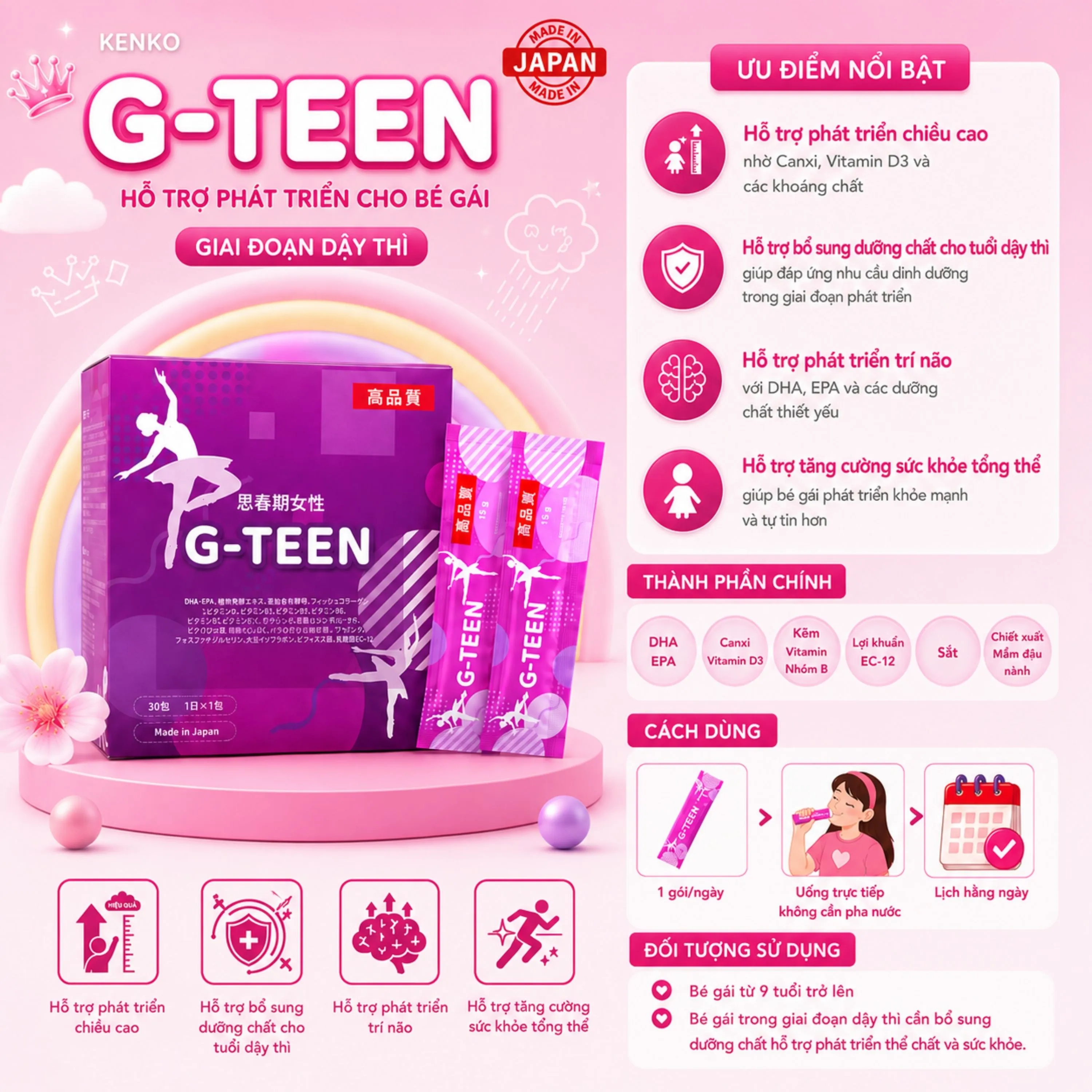 G-TEEN KENKO HỖ TRỢ PHÁT TRIỂN CHO BÉ GÁI GIAI ĐOẠN DẬY THÌ 30 GÓI X 15G 2