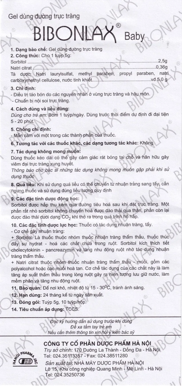 Gel dùng đường trực tràng Bibonlax Baby điều trị táo bón (10 tuýp x 5g) 6