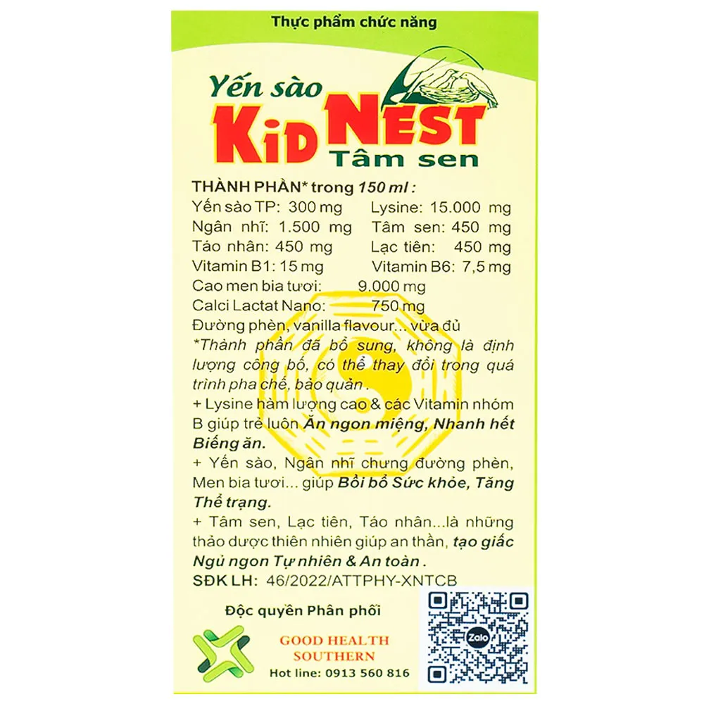GIÚP TRẺ ĂN NGỦ NGON YẾN SÀO KID NEST TÂM SEN GOOD HEALTH 150ML 12