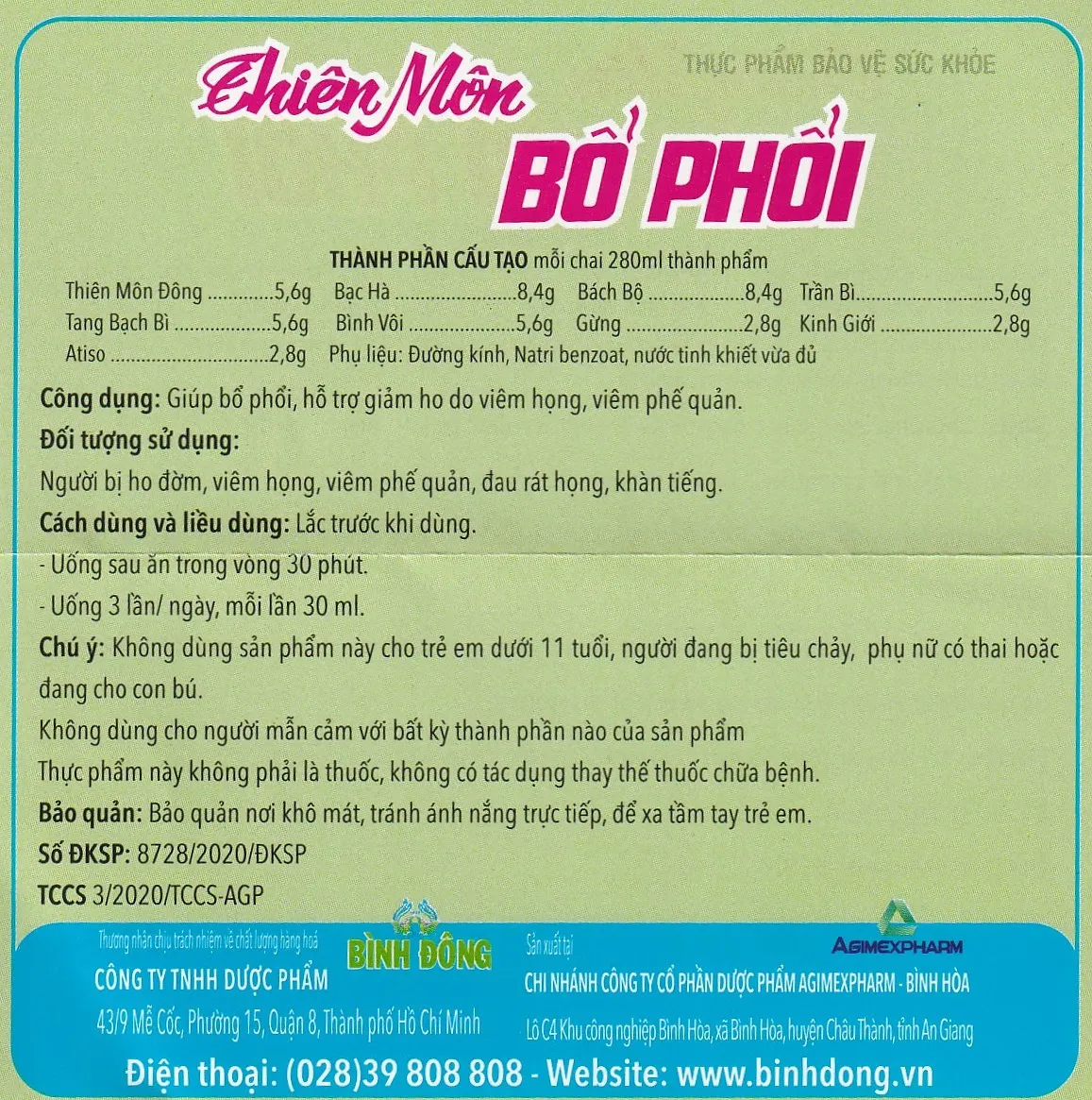 HỖ TRỢ GIẢM HO THIÊN MÔN BỔ PHỔI BÌNH ĐÔNG 280ML 10