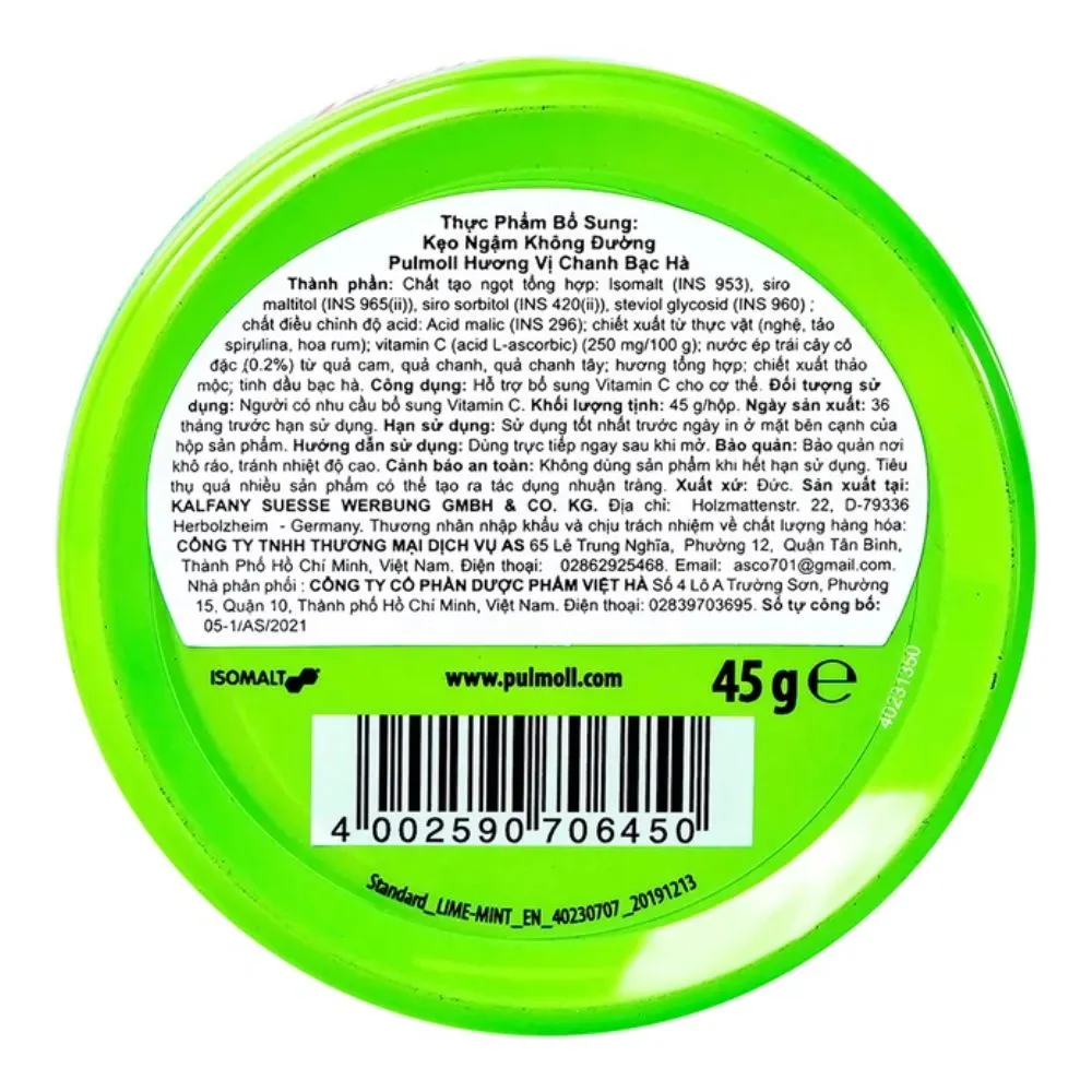 Kẹo ngậm không đường Pulmoll Lime Mint vị chanh bạc hà hỗ trợ bổ sung vitamin C cho cơ thể (45g) 3