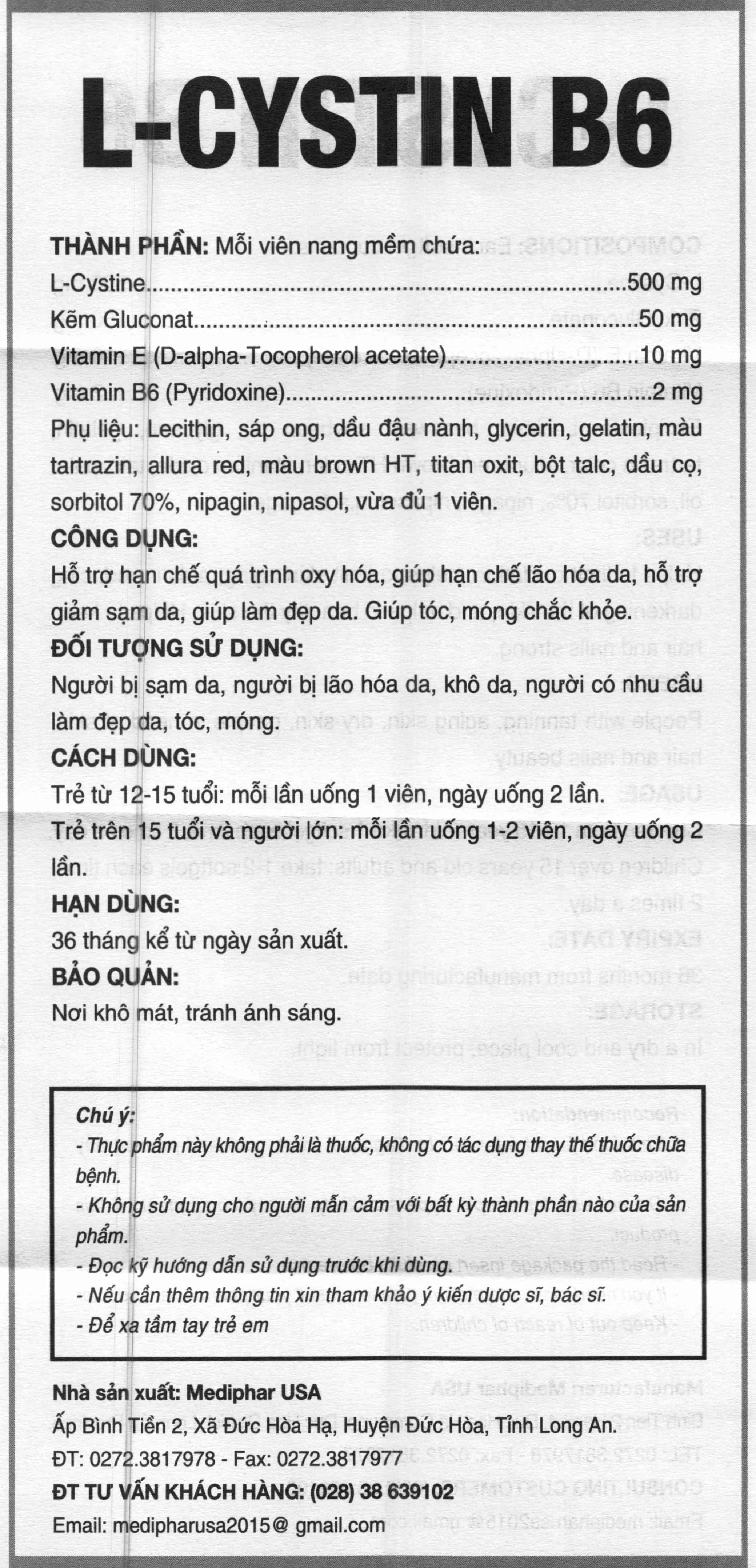 L-Cystin B6 làm đẹp da, tóc, móng hộp 60 viên 10