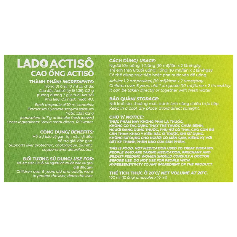 Lado Actisô Cao Ống Actisô hỗ trợ giải độc gan hộp 10 ống x 10ml 7