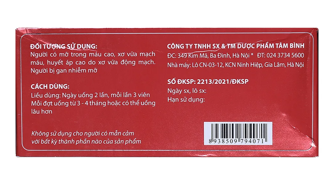 Mỡ máu Tâm Bình (hộp 60 viên) hỗ trợ giảm mỡ máu, mỡ gan, xơ vữa động mạch 4
