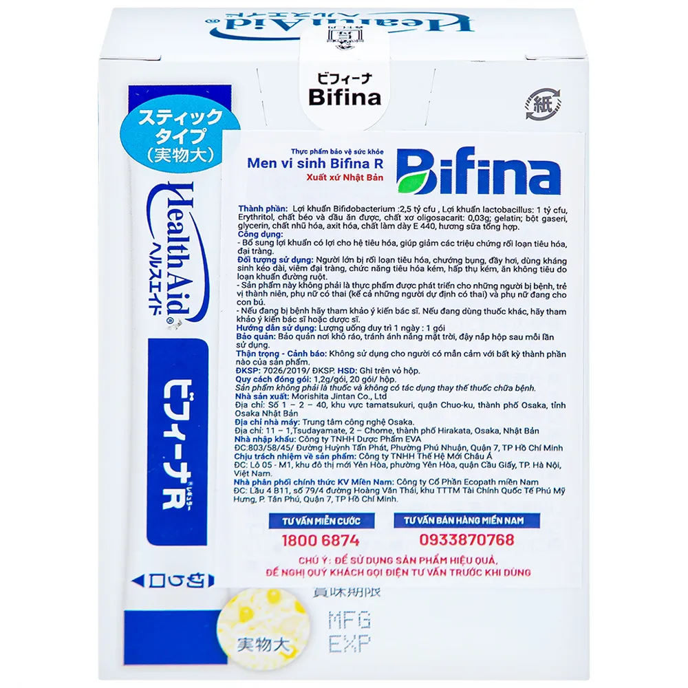 MEN VI SINH BỔ SUNG LỢI KHUẨN CHO HỆ TIÊU HÓA BIFINA R HEALTH AID 20 GÓI 10