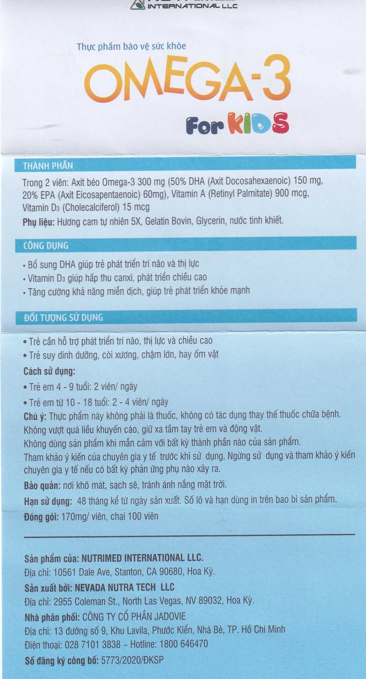 OMEGA-3 FOR KIDS 300MG NUTRIMED INTERNATIONAL 100V 6