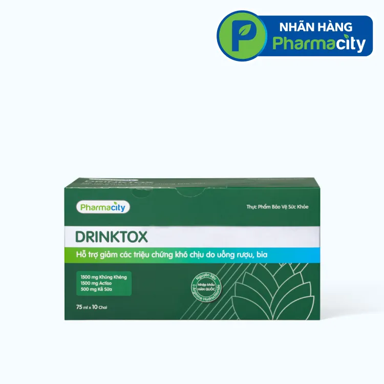Pharmacity Drinktox hỗ trợ giảm khó chịu do uống rượu bia (10 chai x 75ml)