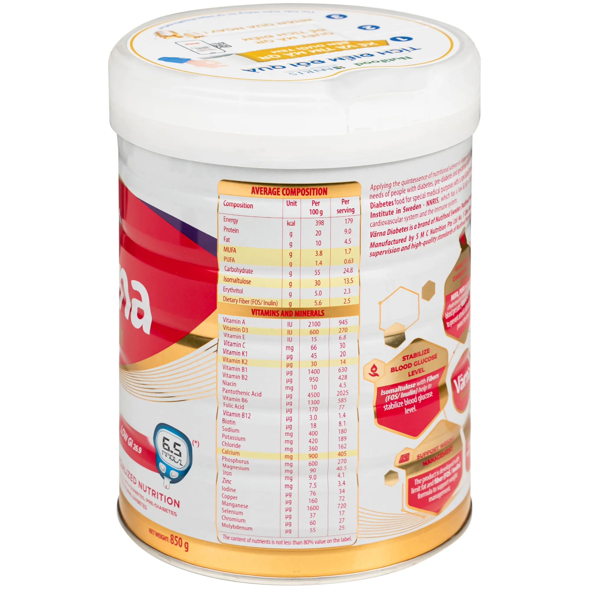 SỮA ỔN ĐỊNH ĐƯỜNG HUYẾT NUTIFOOD VARNA DIABETES 850G 4