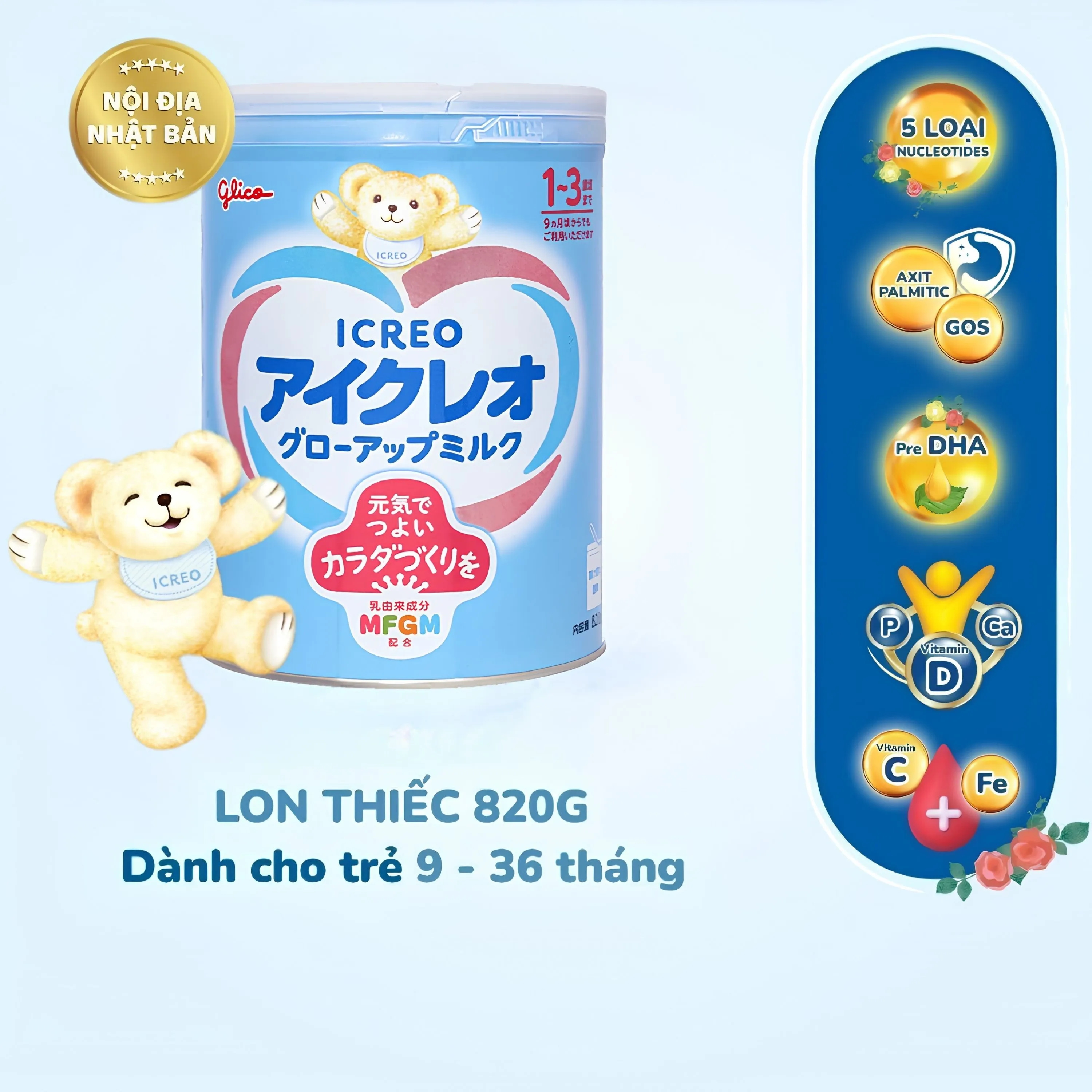 SỮA HỖ TRỢ ĐỀ KHÁNG VÀ TIÊU HÓA CHO TRẺ 1-3 TUỔI ICREO GROW-UP MILK GLICO 820G 5