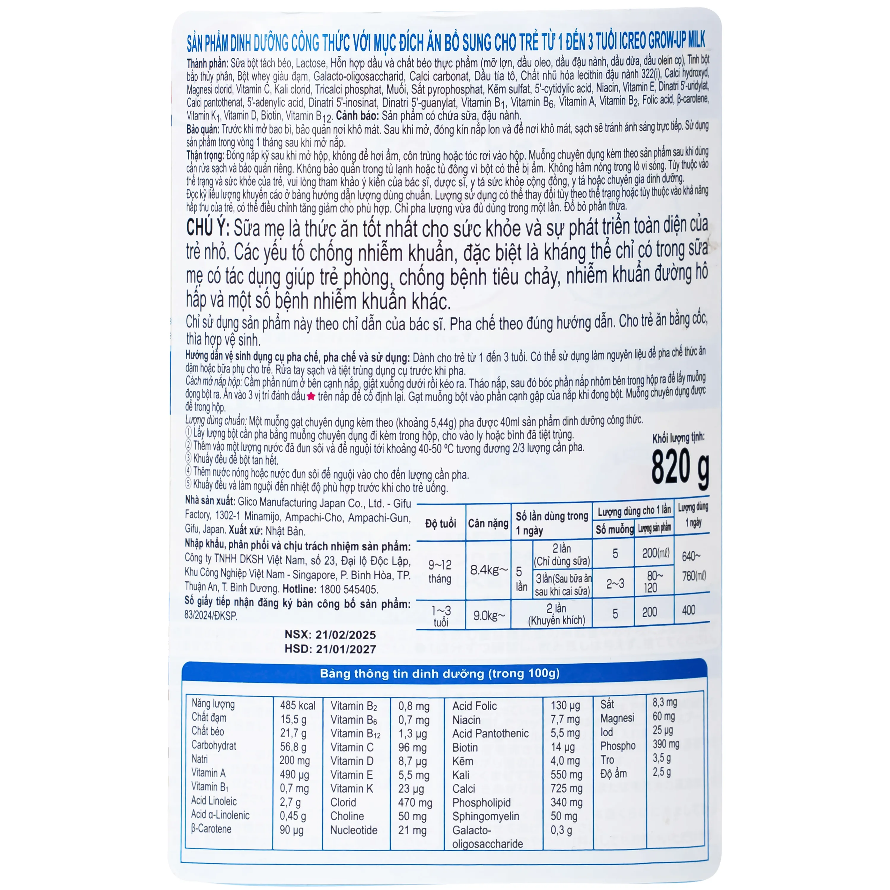 SỮA HỖ TRỢ ĐỀ KHÁNG VÀ TIÊU HÓA CHO TRẺ 1-3 TUỔI ICREO GROW-UP MILK GLICO 820G 10