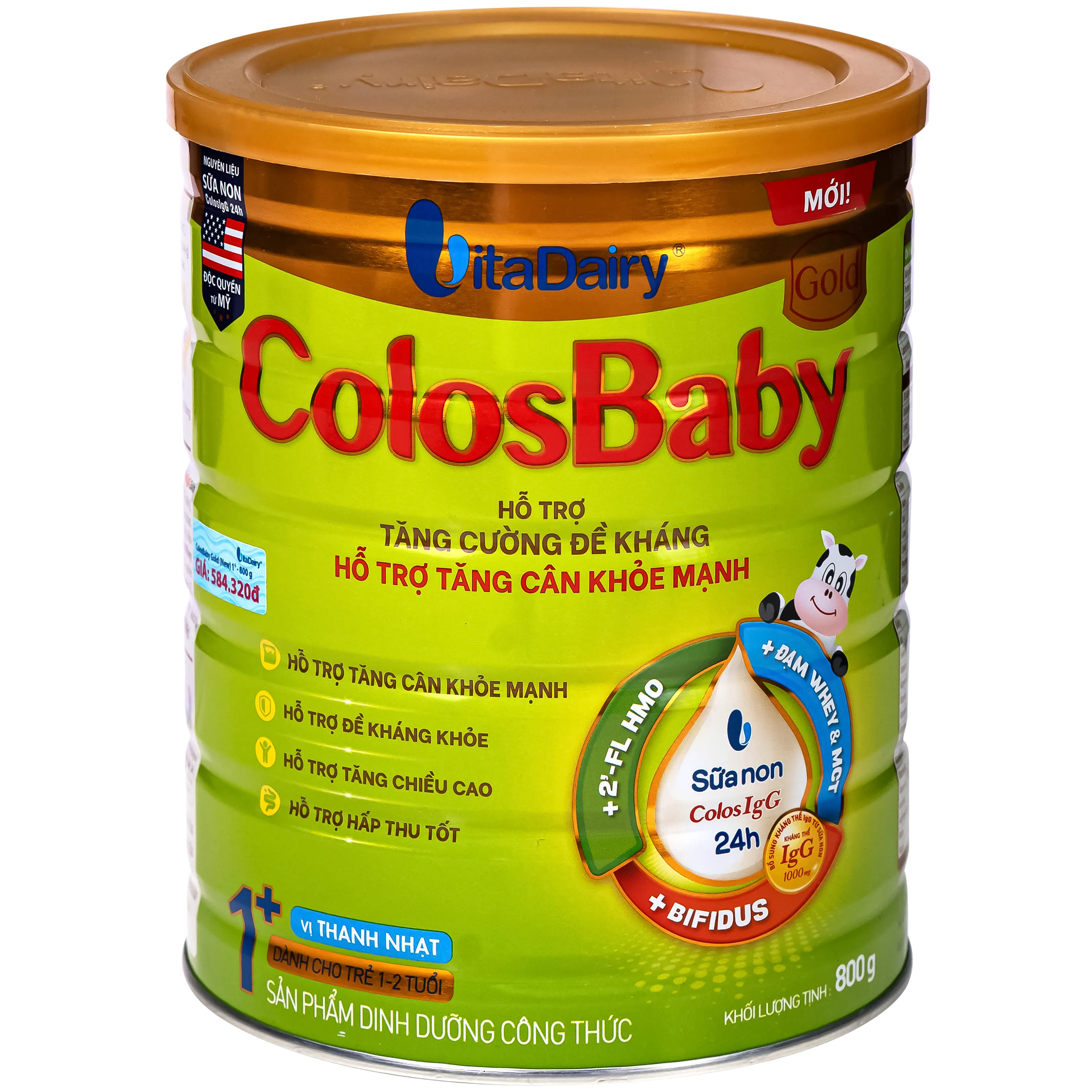 SỮA HỖ TRỢ TĂNG CƯỜNG ĐỀ KHÁNG, TĂNG CÂN KHỎE MẠNH COLOSBABY GOLD 1+ VITADAIRY 800G