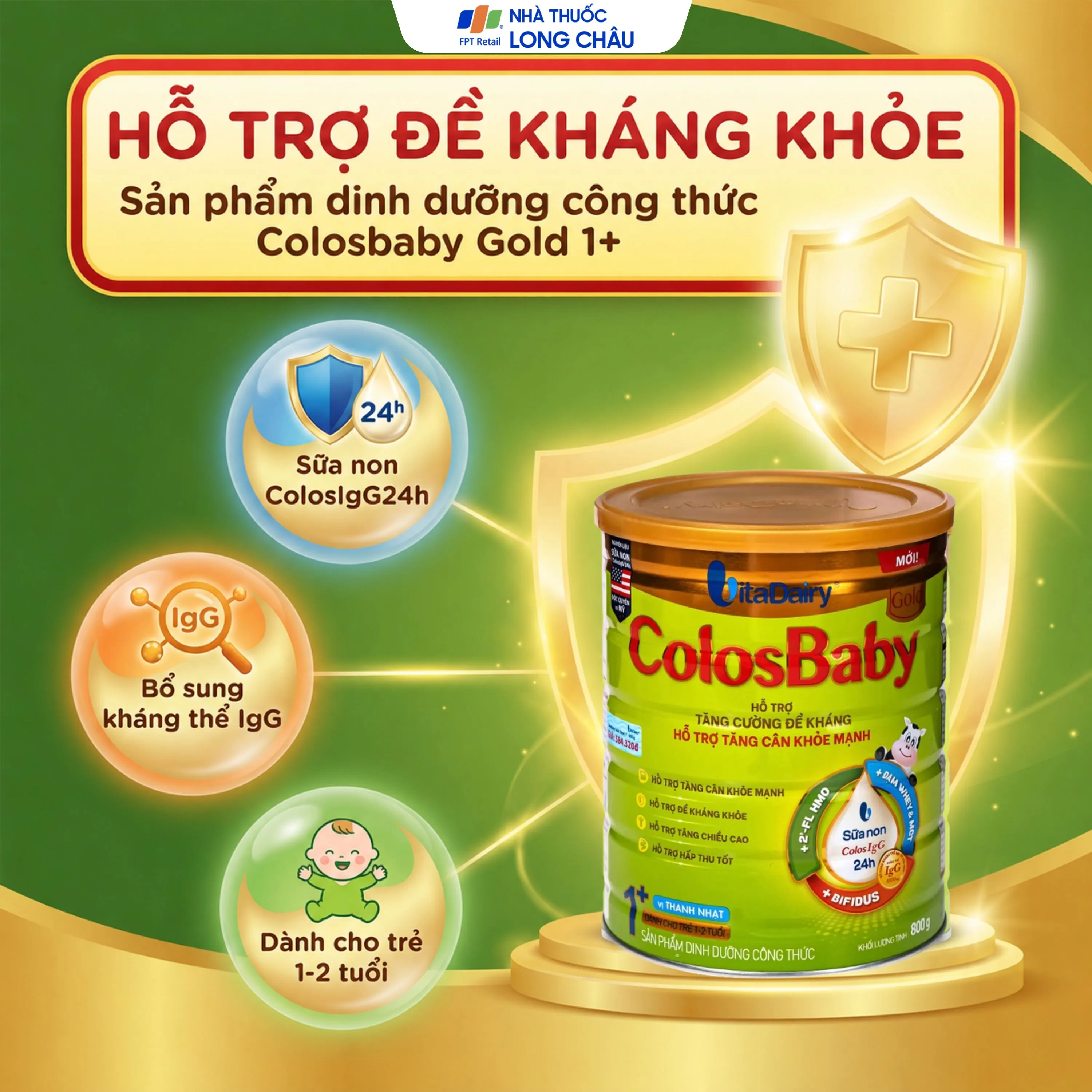SỮA HỖ TRỢ TĂNG CƯỜNG ĐỀ KHÁNG, TĂNG CÂN KHỎE MẠNH COLOSBABY GOLD 1+ VITADAIRY 800G 2