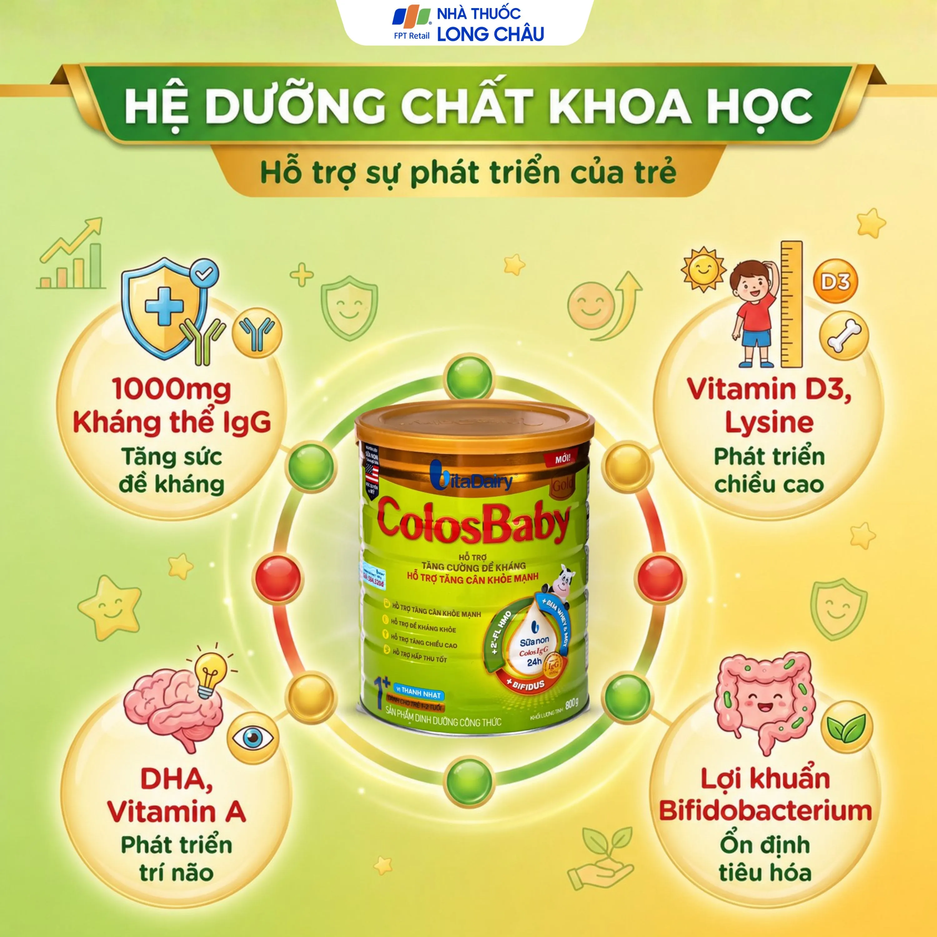 SỮA HỖ TRỢ TĂNG CƯỜNG ĐỀ KHÁNG, TĂNG CÂN KHỎE MẠNH COLOSBABY GOLD 1+ VITADAIRY 800G 3