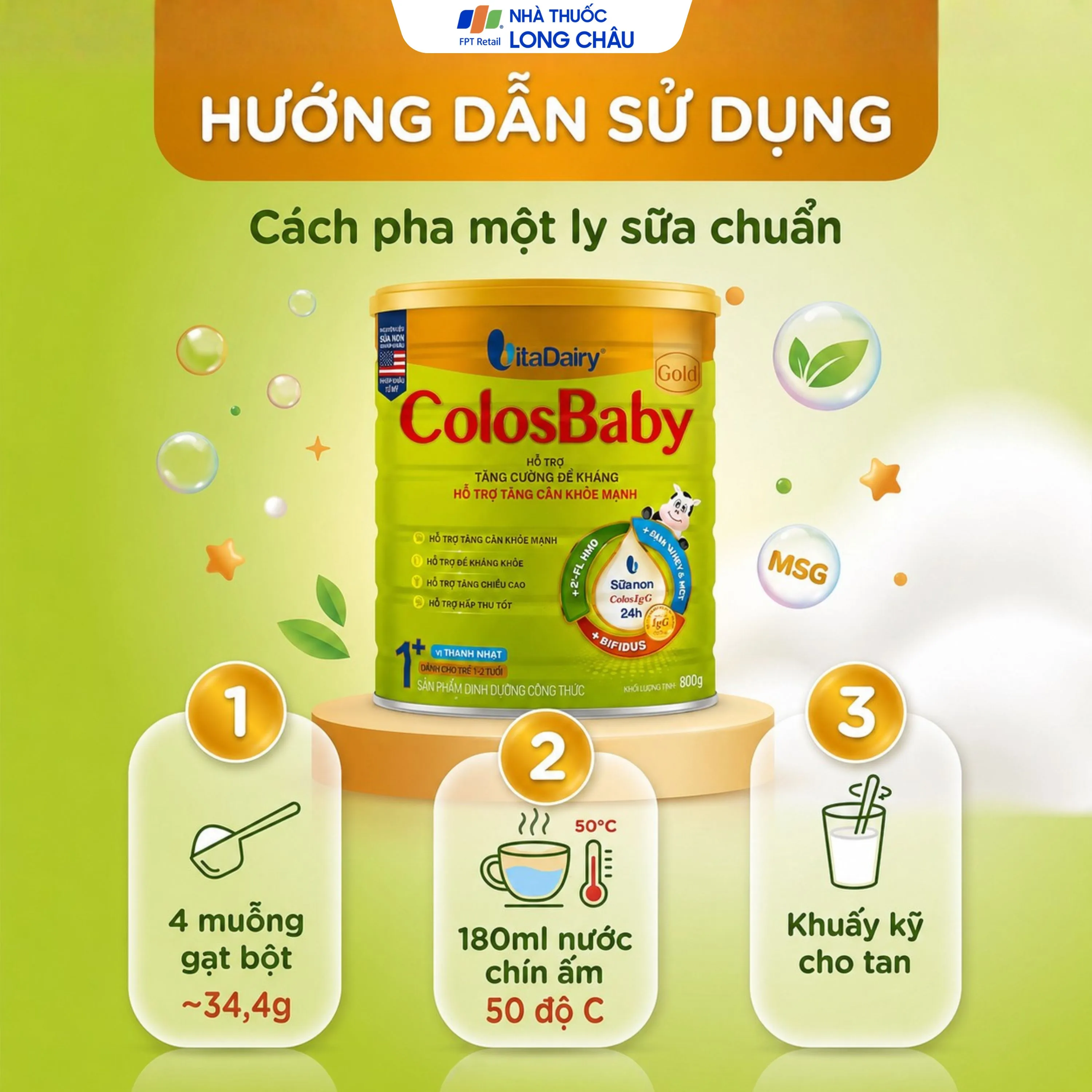 SỮA HỖ TRỢ TĂNG CƯỜNG ĐỀ KHÁNG, TĂNG CÂN KHỎE MẠNH COLOSBABY GOLD 1+ VITADAIRY 800G 4