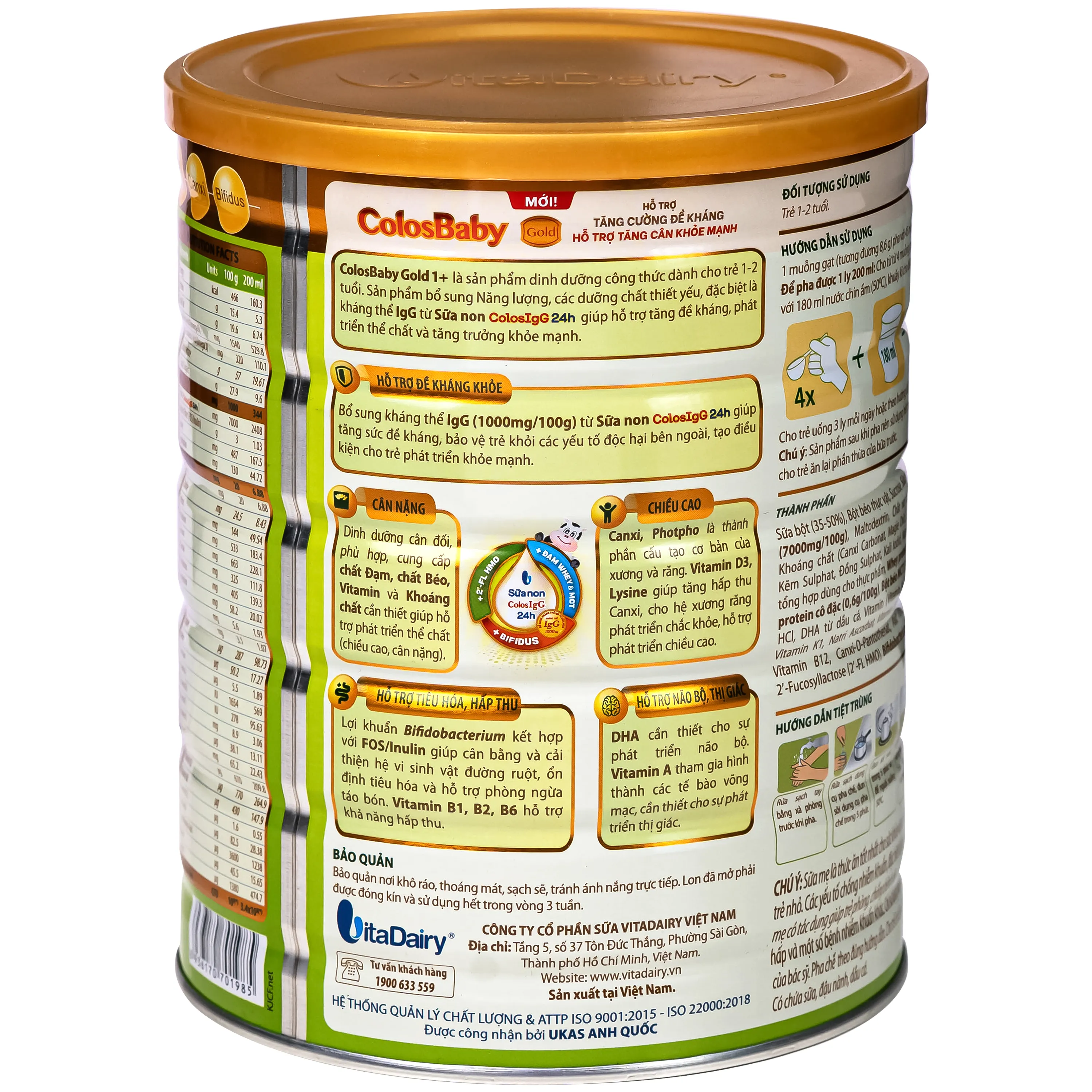 SỮA HỖ TRỢ TĂNG CƯỜNG ĐỀ KHÁNG, TĂNG CÂN KHỎE MẠNH COLOSBABY GOLD 1+ VITADAIRY 800G 7