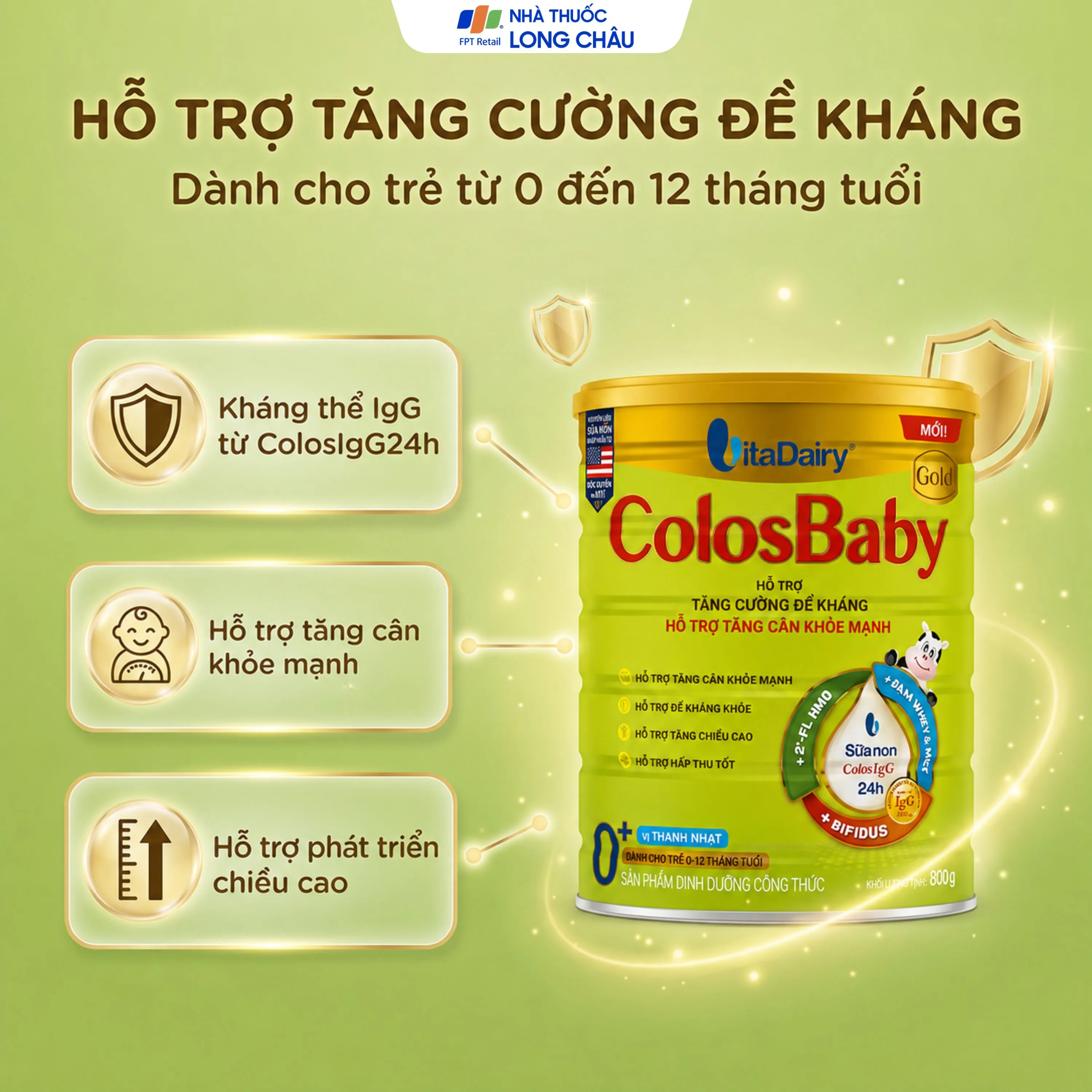 SỮA HỖ TRỢ TĂNG CƯỜNG ĐỀ KHÁNG, TĂNG CÂN KHỎE MẠNH COLOSBABY GOLD 0+ VITADAIRY 800G 2