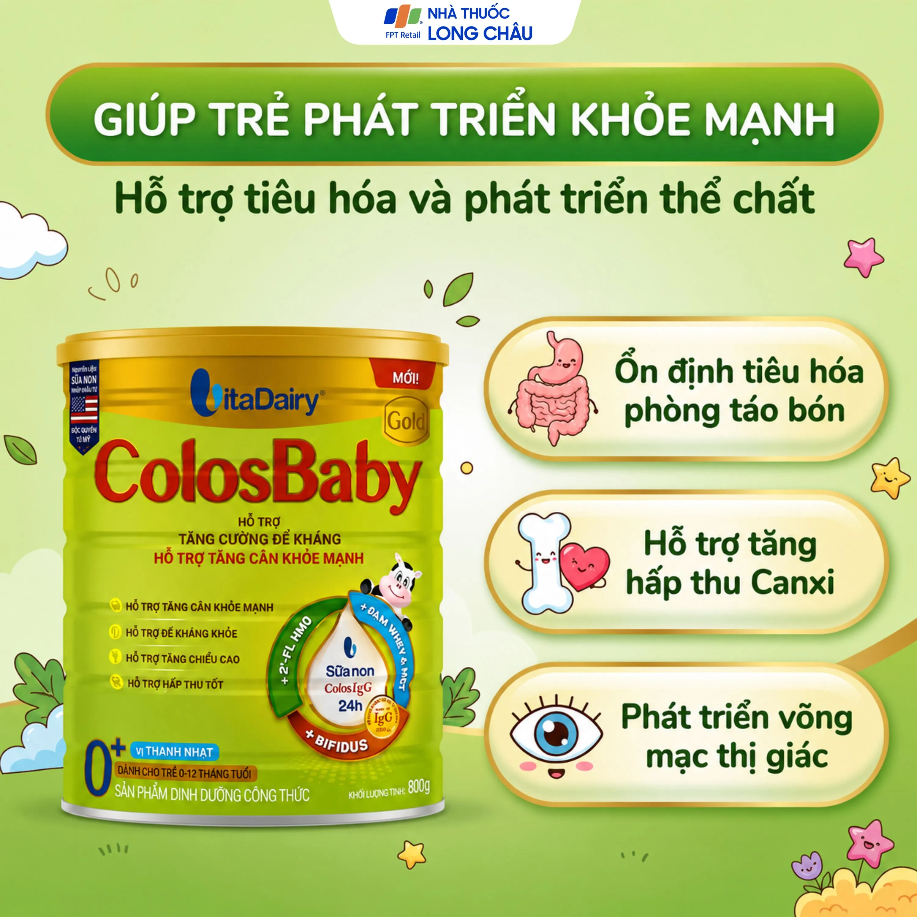 SỮA HỖ TRỢ TĂNG CƯỜNG ĐỀ KHÁNG, TĂNG CÂN KHỎE MẠNH COLOSBABY GOLD 0+ VITADAIRY 800G 4