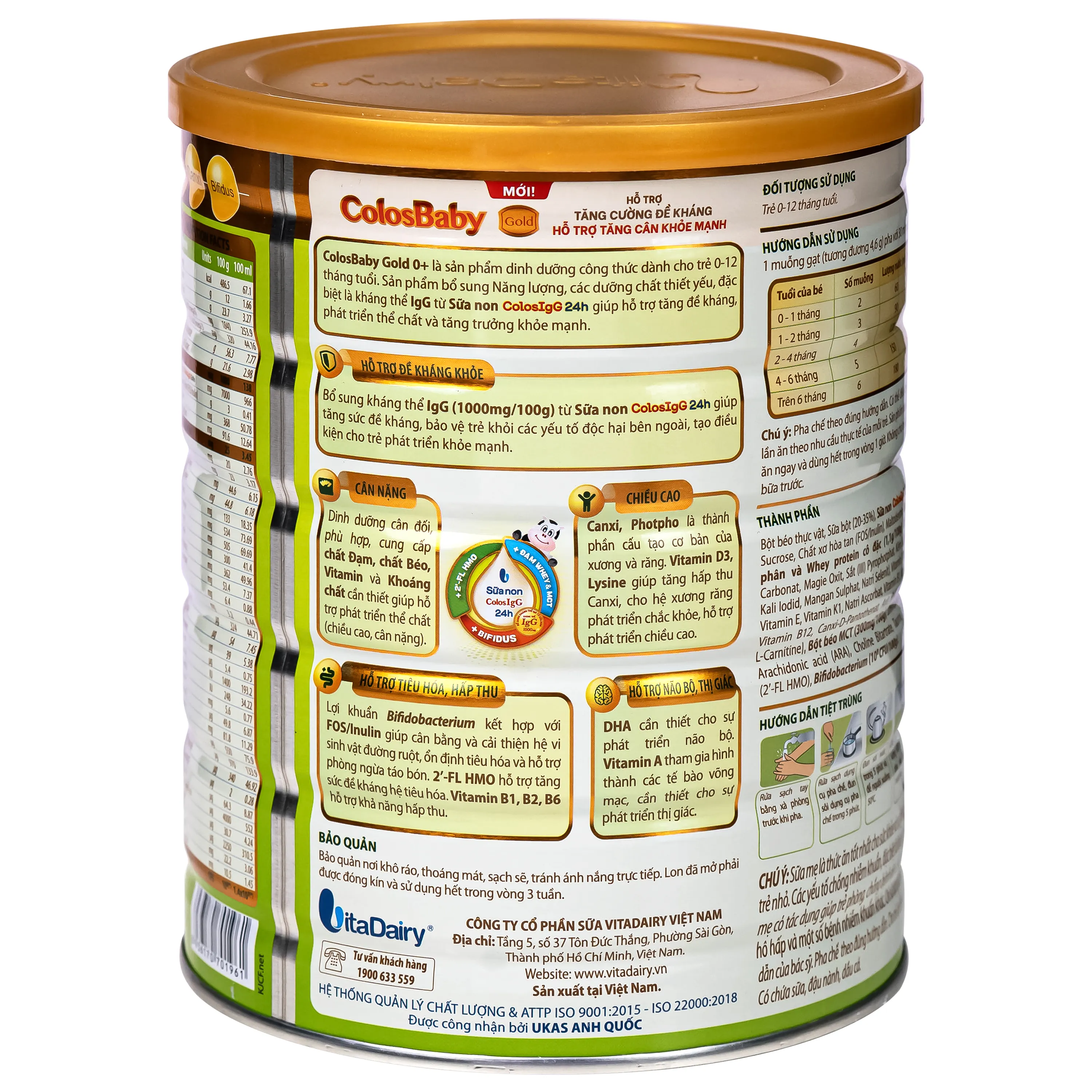 SỮA HỖ TRỢ TĂNG CƯỜNG ĐỀ KHÁNG, TĂNG CÂN KHỎE MẠNH COLOSBABY GOLD 0+ VITADAIRY 800G 7