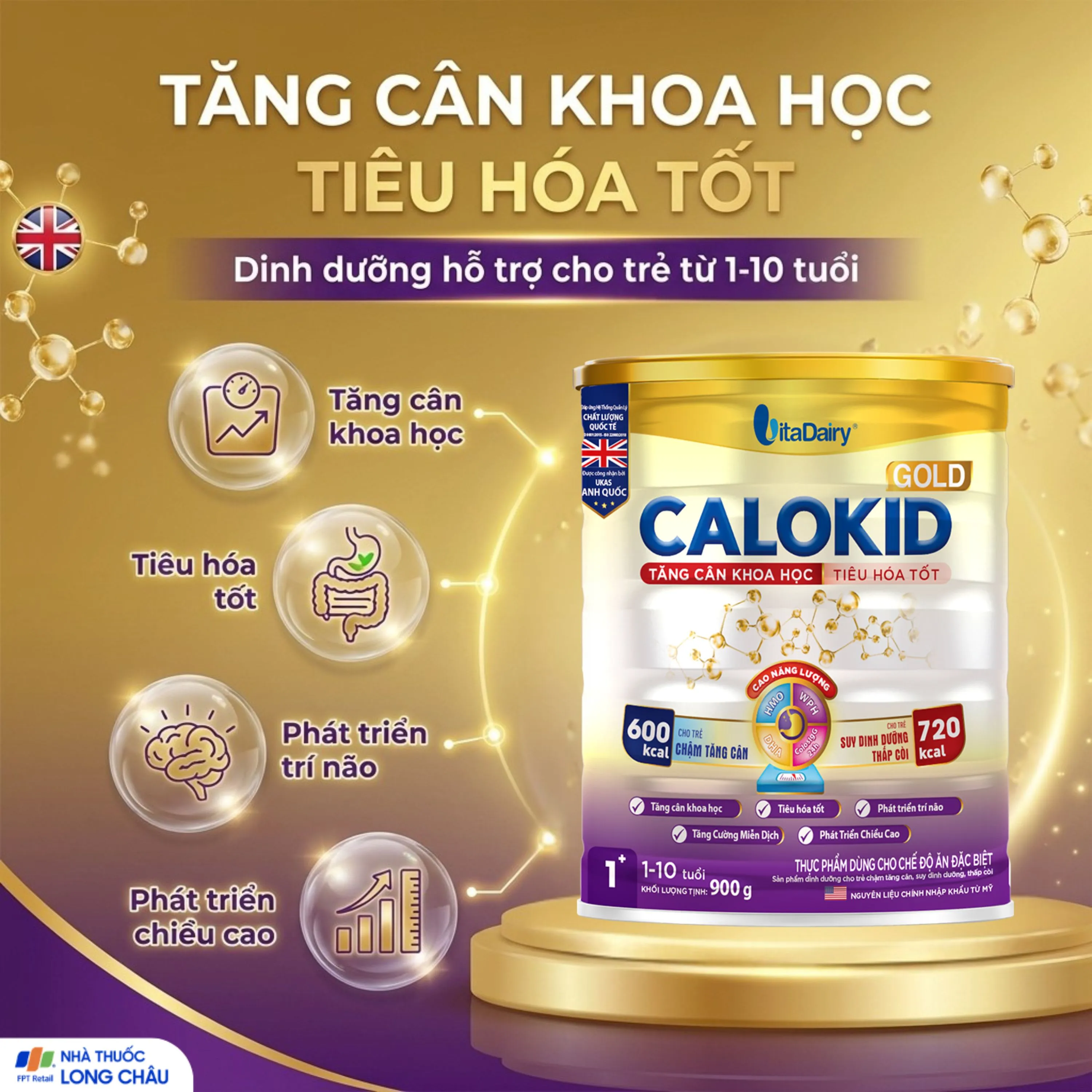 SỮA HỖ TRỢ TĂNG CÂN KHOA HỌC VÀ TIÊU HÓA TỐT CALOKID GOLD VITADAIRY 900G 2