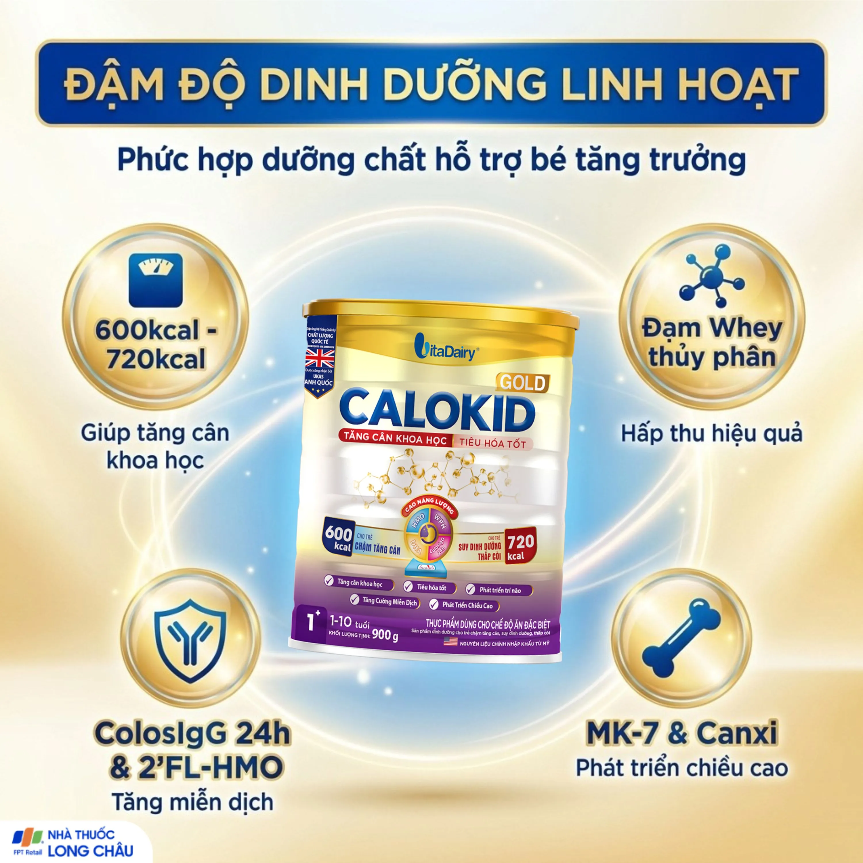 SỮA HỖ TRỢ TĂNG CÂN KHOA HỌC VÀ TIÊU HÓA TỐT CALOKID GOLD VITADAIRY 900G 3