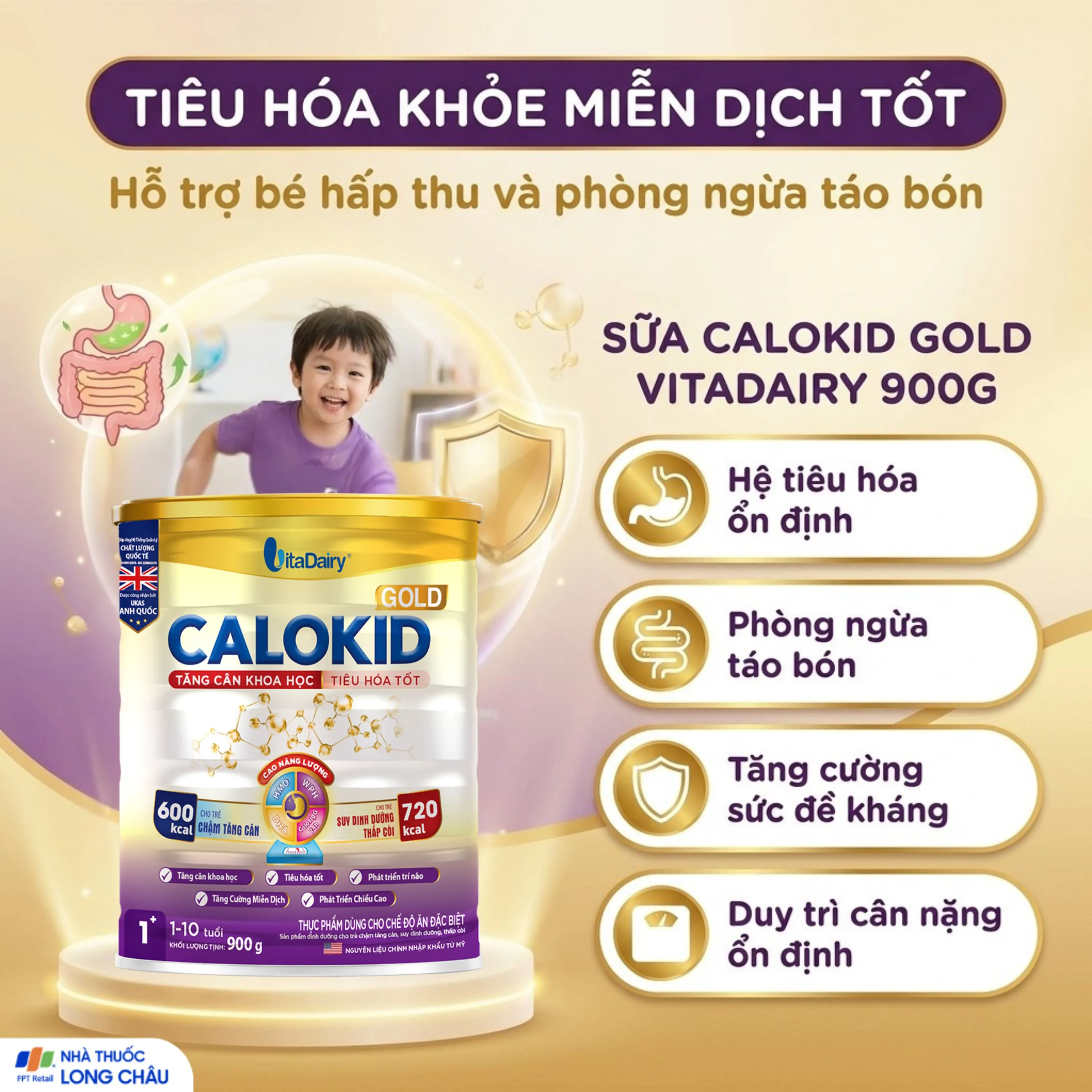 SỮA HỖ TRỢ TĂNG CÂN KHOA HỌC VÀ TIÊU HÓA TỐT CALOKID GOLD VITADAIRY 900G 4