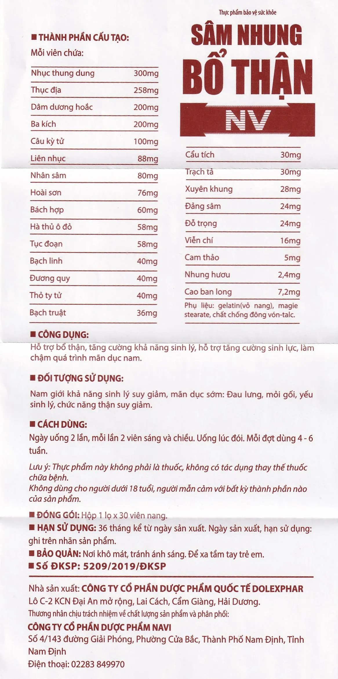 SÂM NHUNG BỔ THẬN NV DOLEXPHAR 30V 14