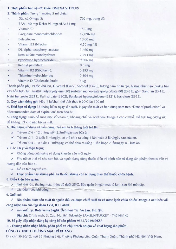 SIRO BỔ NÃO OMEGA VIT PLUS+ BOTAFARMA 100ML 15