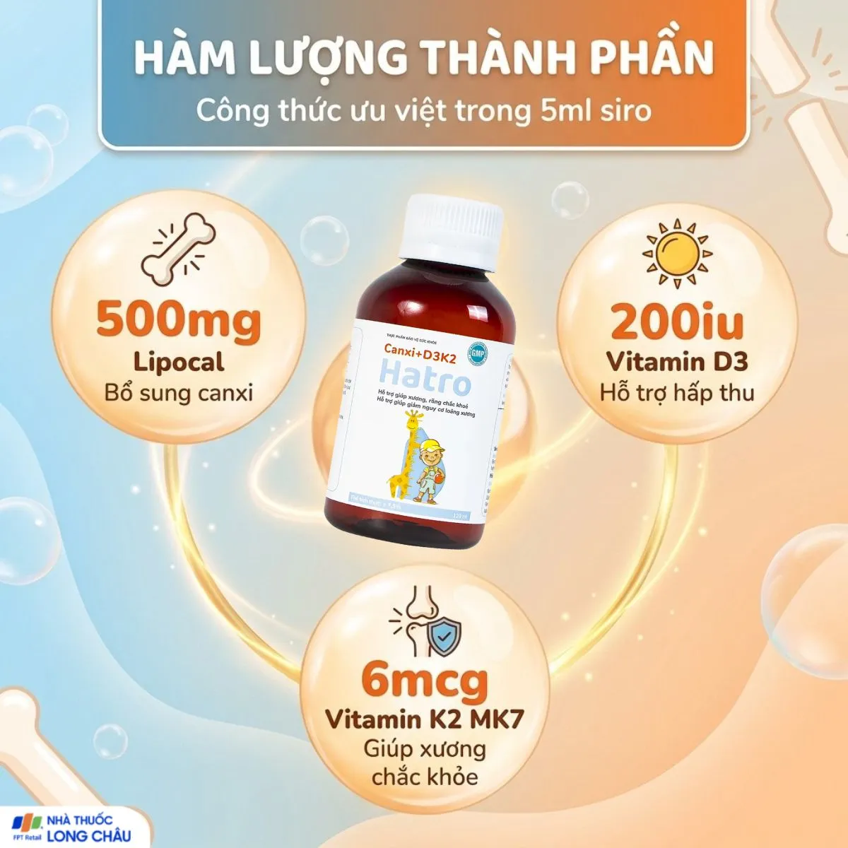 SIRO BỔ SUNG CANXI GIÚP XƯƠNG, RĂNG CHẮC KHỎE CANXI + D3K2 HATRO 120ML 3
