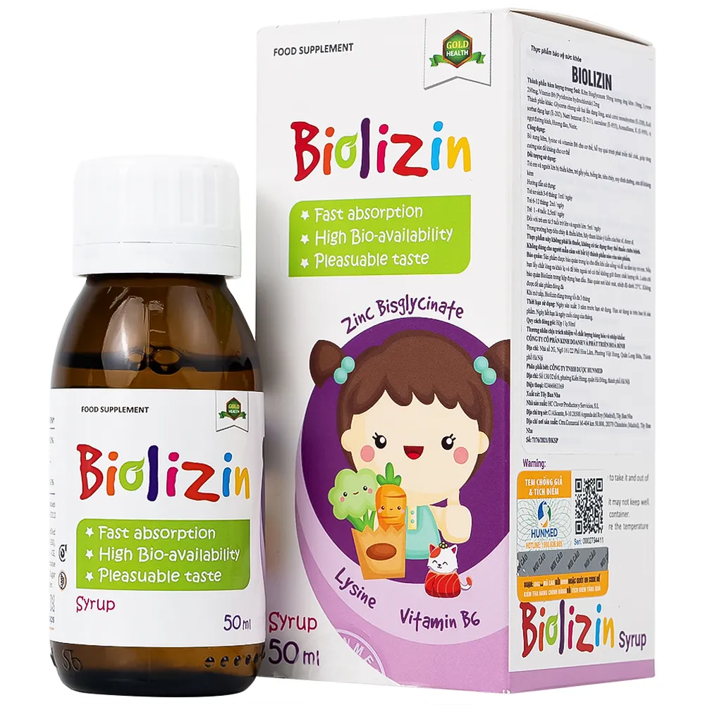 SIRO BỔ SUNG KẼM, LYSINE VÀ VITAMIN B6 CHO TRẺ BIOLIZIN 50ML